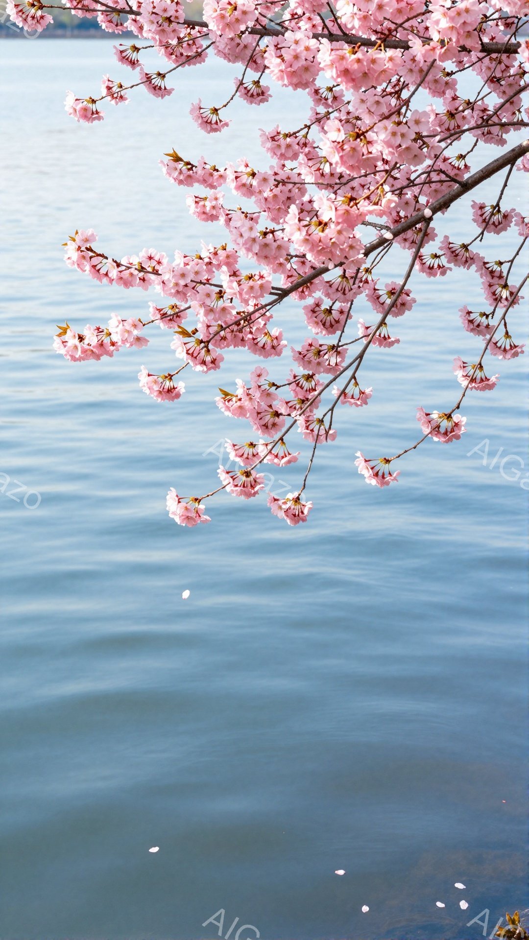 桜の枝が水面に優しく伸び、淡いピンク色の花びらが数枚、水面を漂っている様子が捉えられている。背景には穏やかな水面が広がり、遠くにはぼんやりと緑が見える春の穏やかな風景だ。全体的に柔らかく、静謐な雰囲気 - AI生成フリー素材