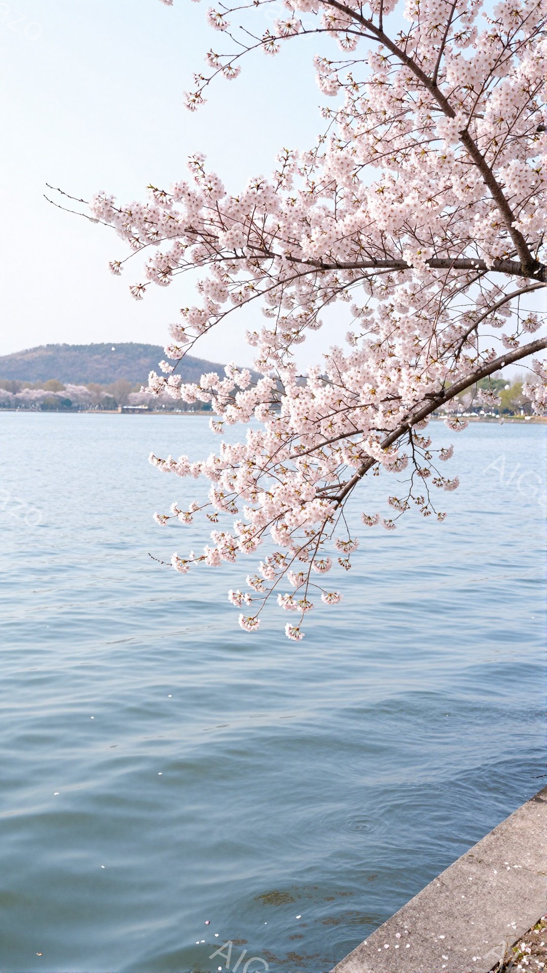 桜の枝が水面近くで優雅に伸び、淡いピンク色の花びらが水面に散りばめられています。背景には穏やかな湖が広がり、遠くには緑の丘が見え、晴れた空が広がっています。全体的に、春の穏やかさと優美さが感じられる、静かで美しい風景です。