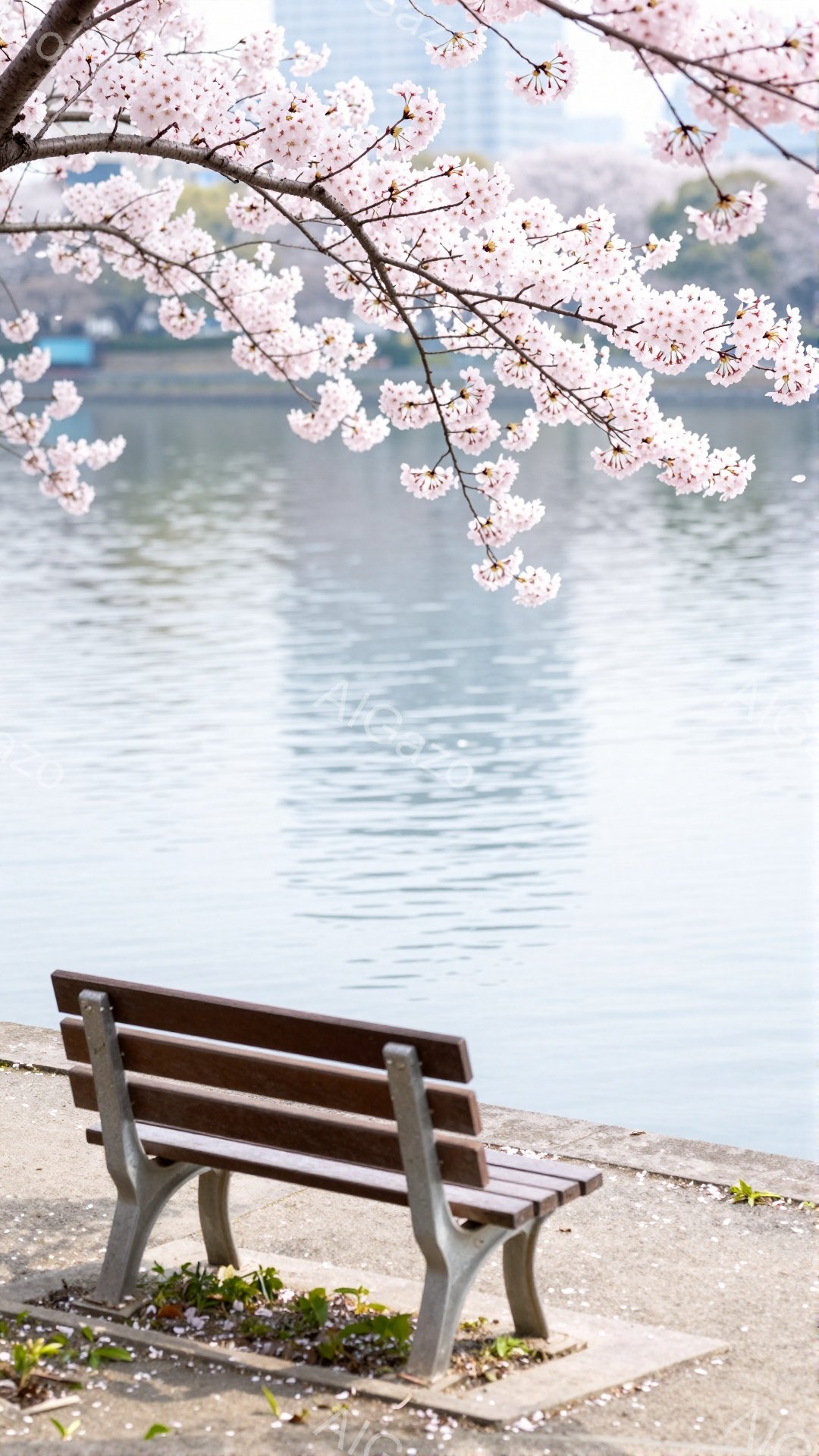 公園のベンチが水辺に面して設置されており、桜の花びらが水面に散らばっている美しい風景です。ベンチは木製で、淡いピンク色の桜の花が背景に咲き誇り、穏やかな春の雰囲気を醸し出しています。水面は穏やかで、桜 - AI生成フリー素材