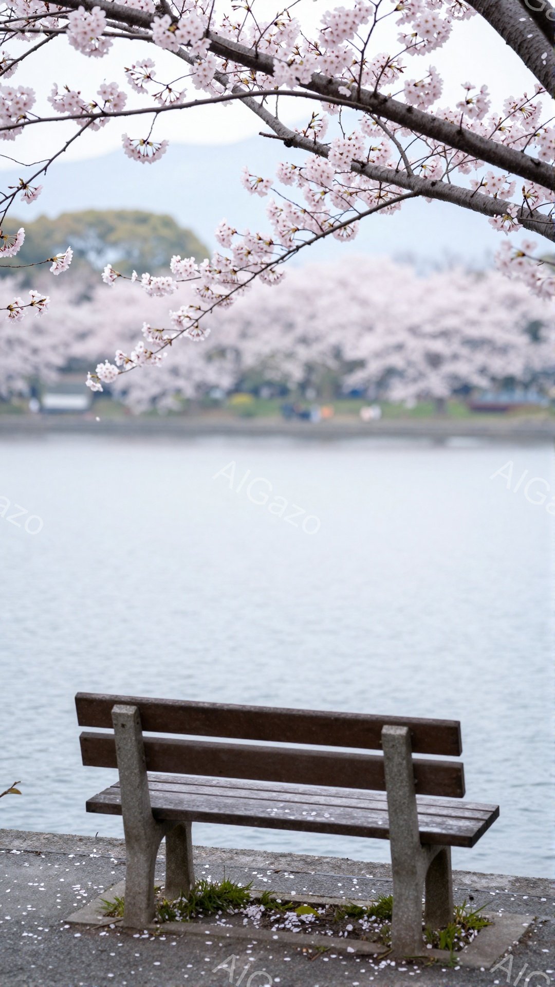 公園のベンチが写っており、背景には穏やかな湖と桜並木が広がっています。ベンチの周りには散り始めた桜の花びらが舞い、春の穏やかな雰囲気を醸し出しています。空は曇り空ですが、全体的に柔らかな光が差し込み、 - AI生成フリー素材