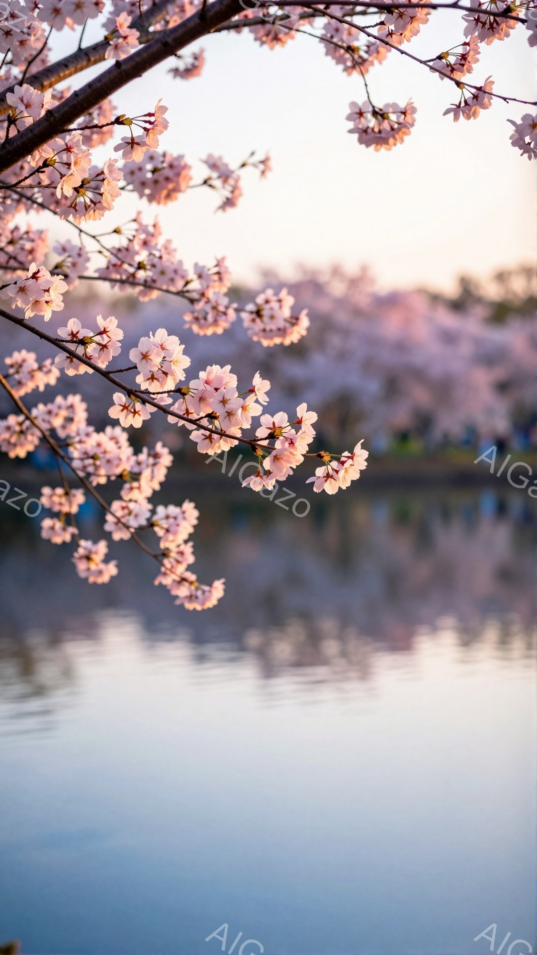 桜の花が満開の枝が、穏やかな水面に反射して美しい景色を作り出している。背景には、ぼんやりと桜並木が見え、全体的に柔らかいピンクと水色のグラデーションが春の穏やかな雰囲気を醸し出している。水面は静かで、 - AI生成フリー素材