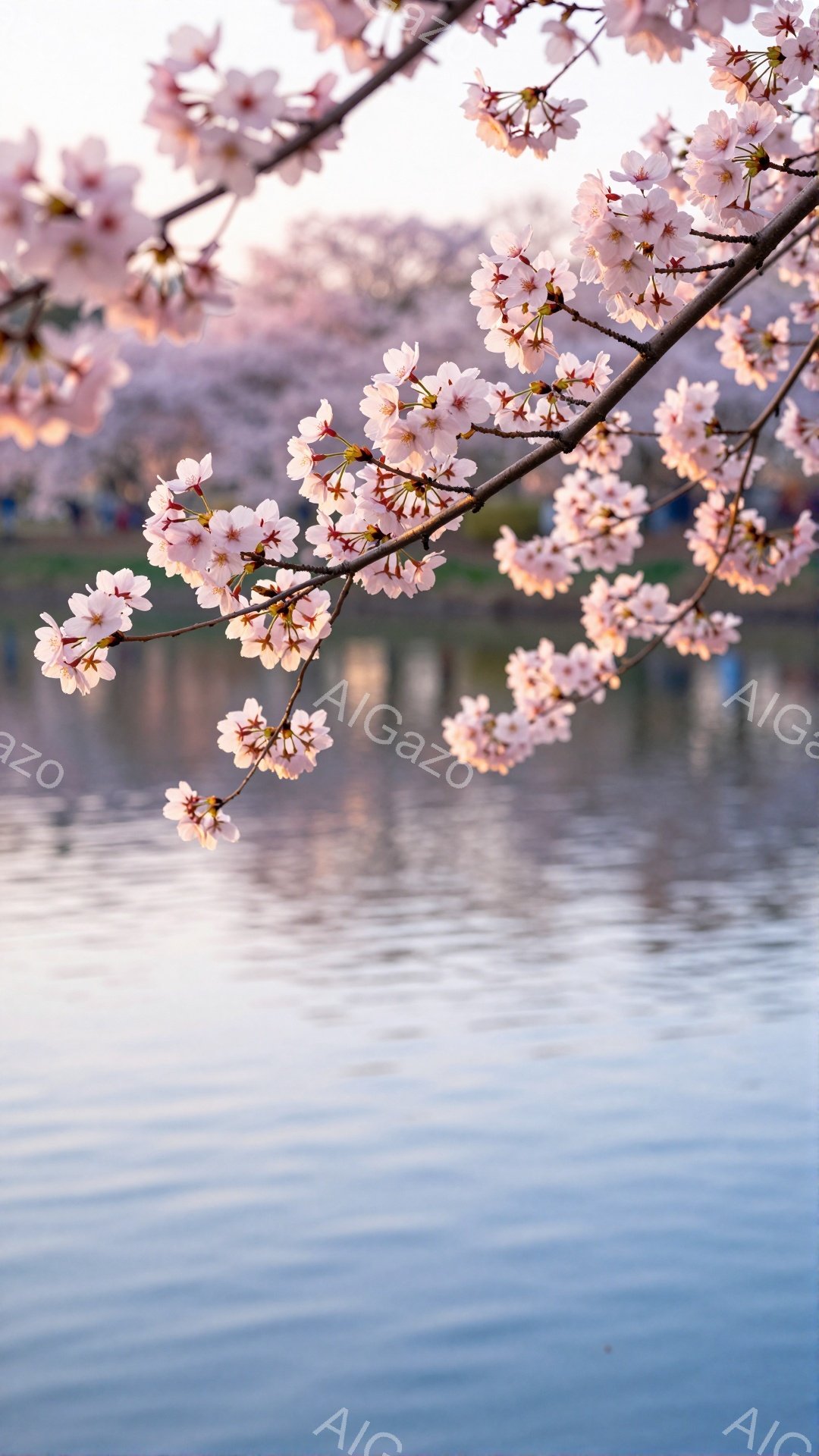 淡いピンク色の桜の花が、水面に反射する穏やかな水面の上を、枝いっぱいに咲き誇っています。背景にはぼんやりと桜並木が見え、夕焼けのような柔らかい光が全体を包み込み、春の穏やかさと優雅さを感じさせます。水 - AI生成フリー素材