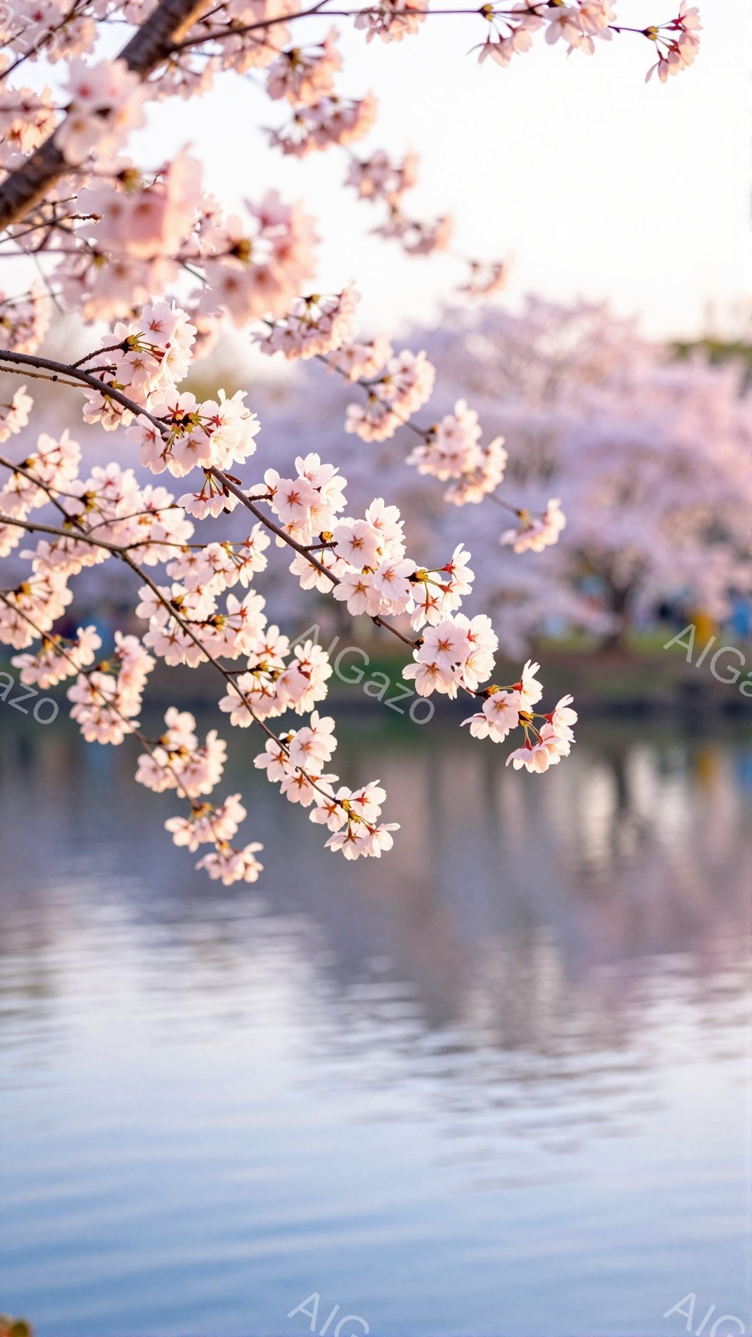 桜の花びらが咲き誇る枝が、穏やかな水面に反射する美しい光景が広がっている。背景にはぼんやりと緑の木々や建物が見え、空は薄いピンク色と青色が混ざり合い、春の穏やかな雰囲気を醸し出している。全体的に柔らか - AI生成フリー素材