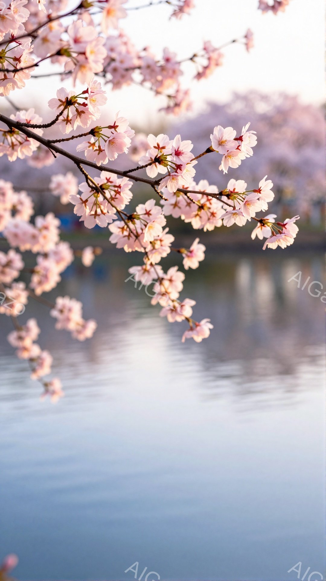 淡いピンク色の桜の花が咲き乱れ、枝が画面の左側に大きく広がっている。水面は穏やかで、桜の花びらが水面に映り込み、静かで幻想的な雰囲気を醸し出している。背景にはぼんやりと緑が見え、春の穏やかな日差しが感 - AI生成フリー素材