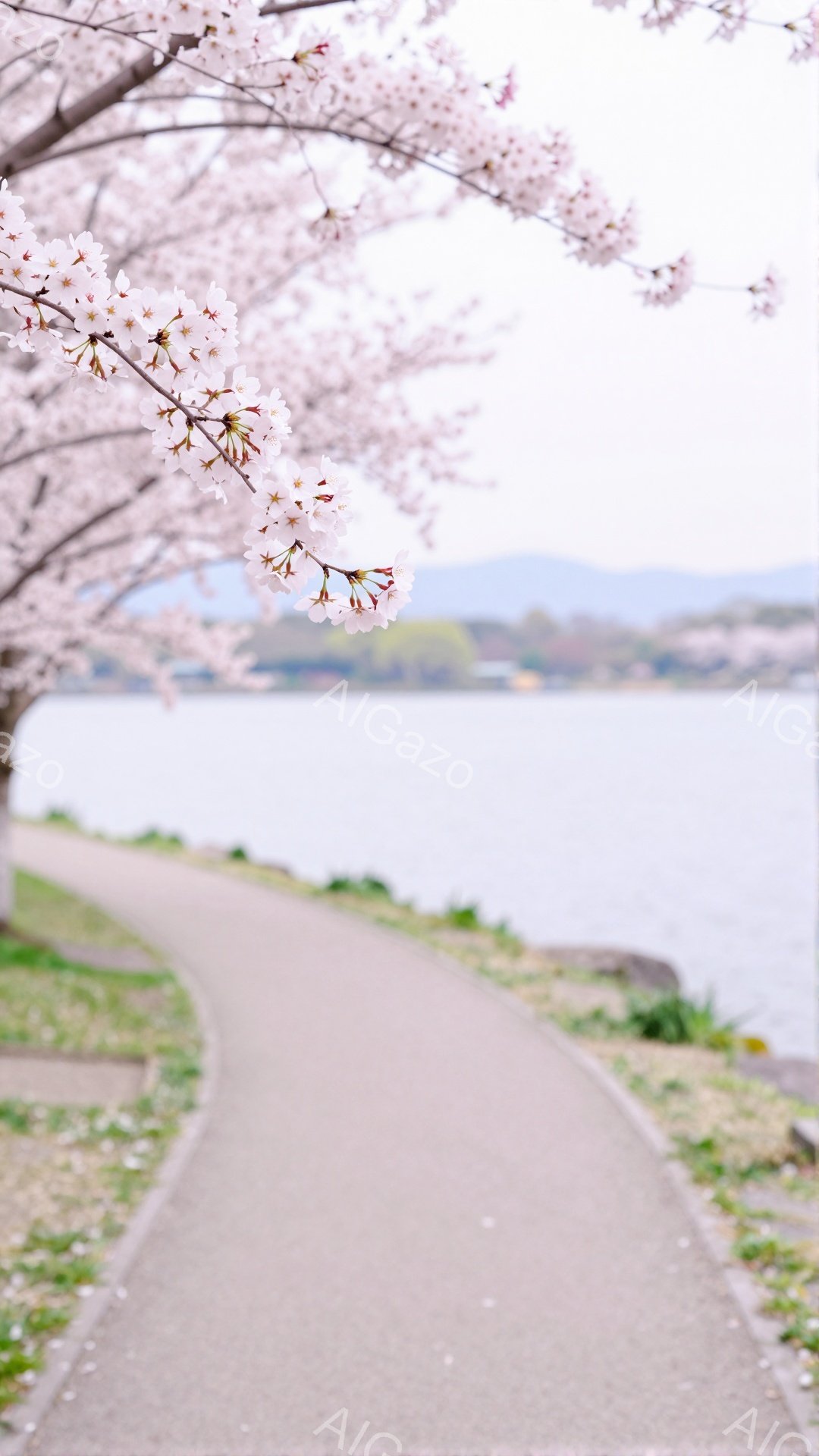 桜並木が続く遊歩道が、穏やかな湖へと続く風景です。散り始めた桜の花びらが遊歩道や草地に舞い散り、春の訪れを感じさせます。背景には霞んだ山並みが広がり、静かで優しい雰囲気を醸し出しています。