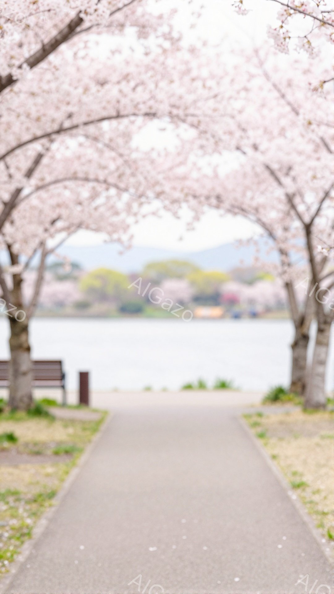 遊歩道を両側から桜並木が覆い、視界いっぱいに春の景色が広がっています。遊歩道の先に、水面が広がり、遠景にはぼんやりと建物と緑の丘が見えます。穏やかな春の陽気を感じさせる、静かで美しい風景です。