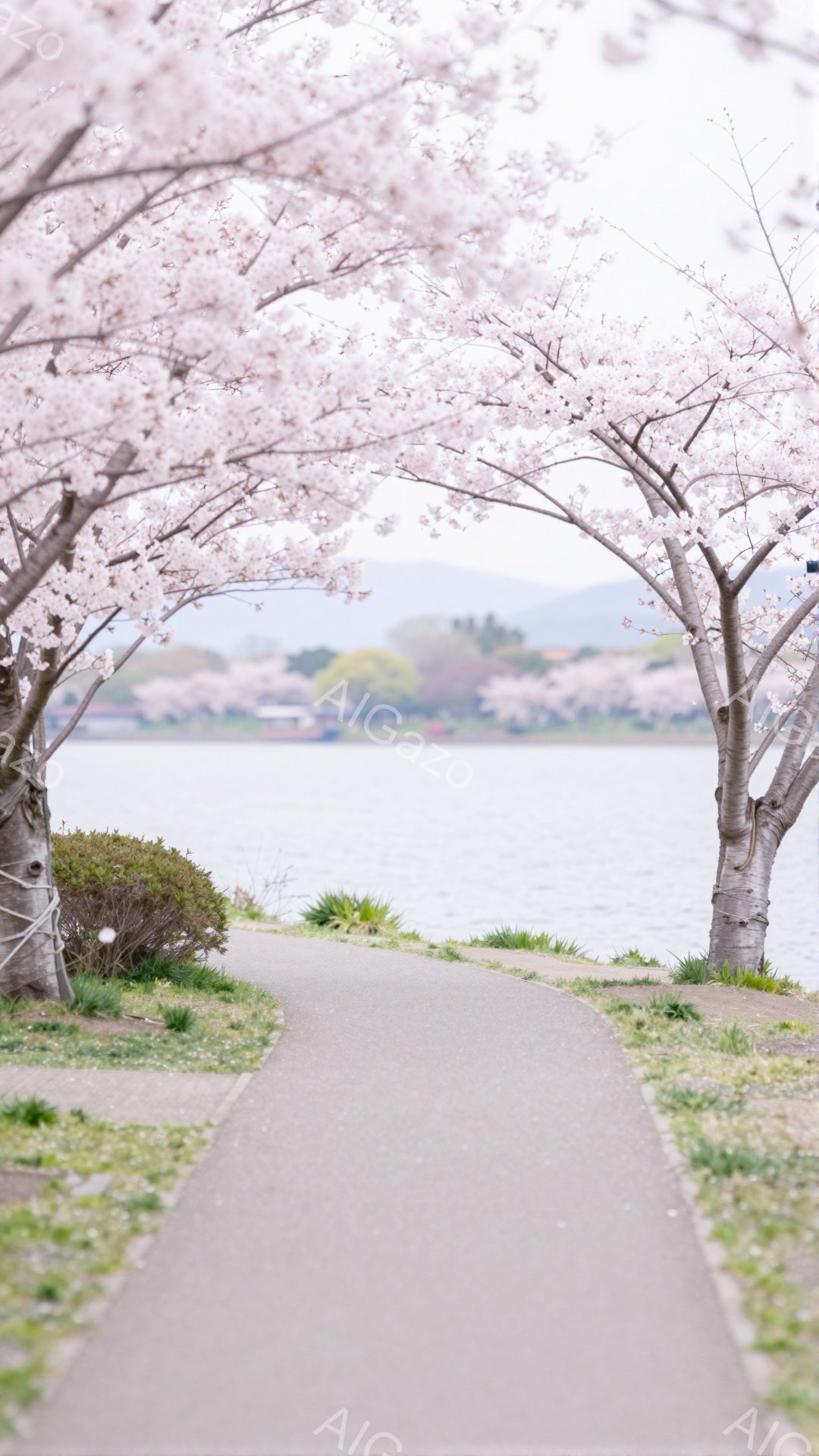 遊歩道が桜並木に囲まれ、水面へと続く風景です。桜の花びらは淡いピンク色で、遊歩道に柔らかい影を落としています。背景には穏やかな水面と遠くの山々が見え、春の穏やかで美しい雰囲気が漂っています。