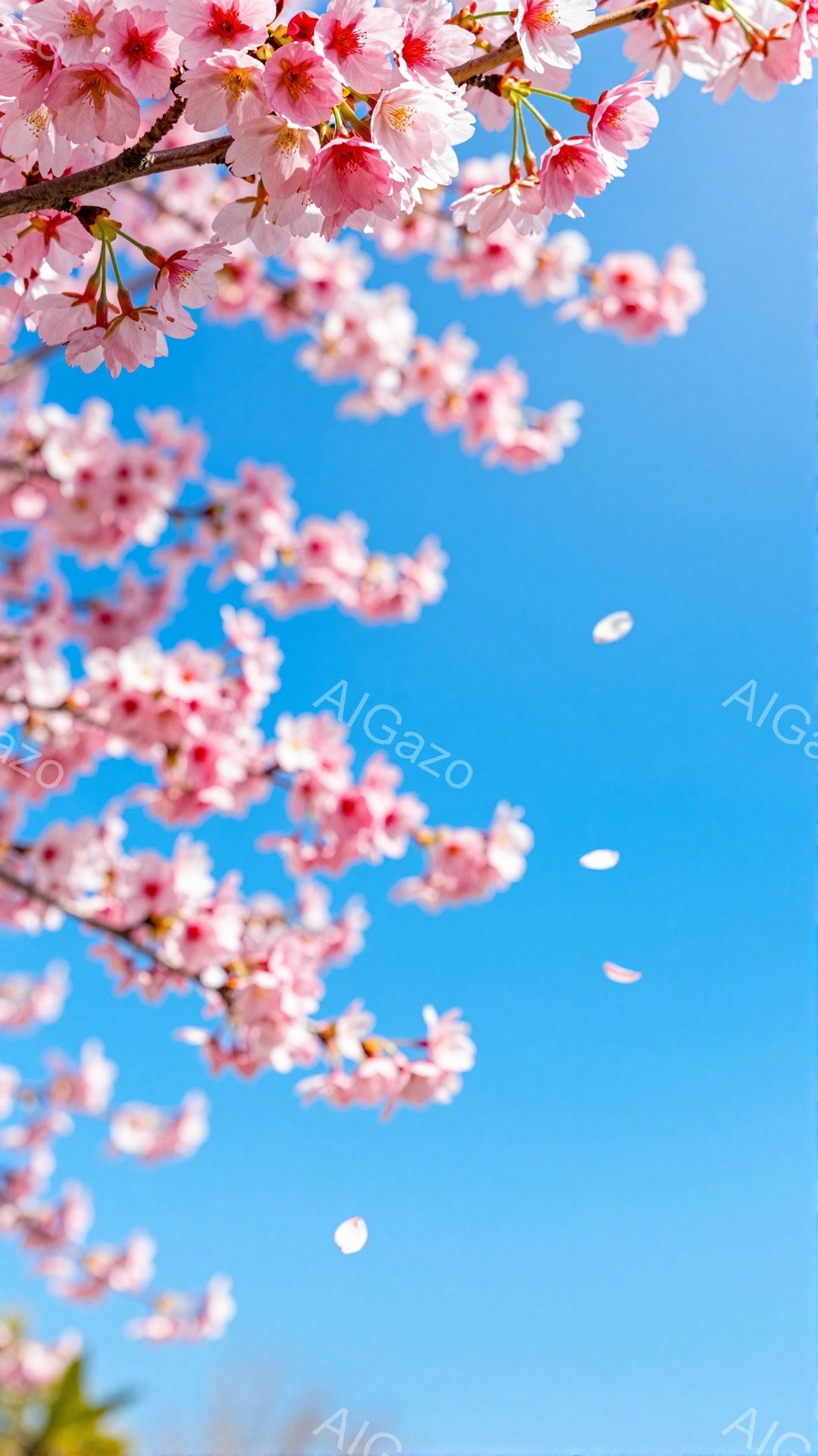 鮮やかな青空を背景に、桜の花びらが舞い散る様子が捉えられています。枝いっぱいに咲き誇る桜は、ピンク色で美しく、春の暖かさを感じさせます。花びらが散りゆく様子は、儚く、美しい春の情景を表現しています。
