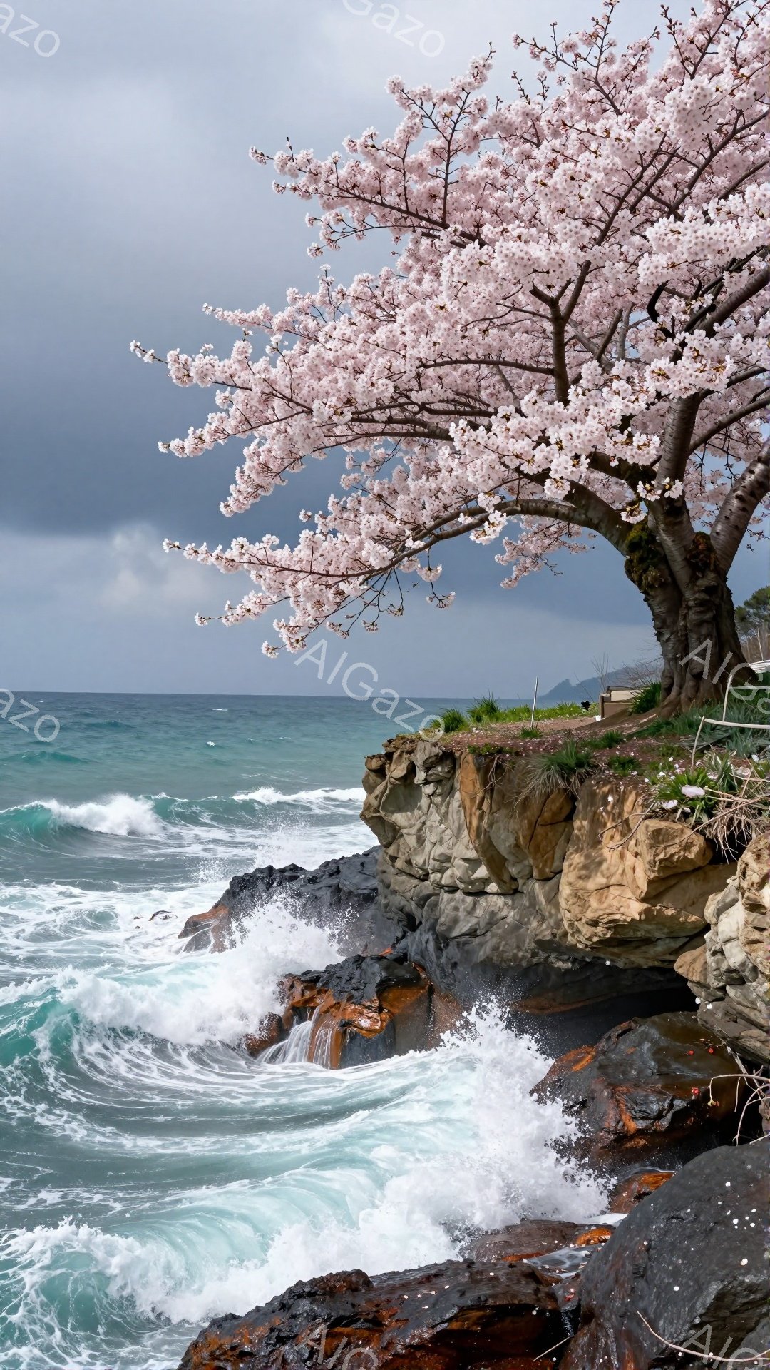 岩だらけの海岸線に、桜の木が咲き誇っている。荒々しい波が岩に打ち寄せ、灰色がかった空の下、春の訪れを感じさせる鮮やかなコントラストを生み出している。岸辺には緑の草が生い茂り、波の音と桜の花びらが、静かで力強い雰囲気を醸し出している。
