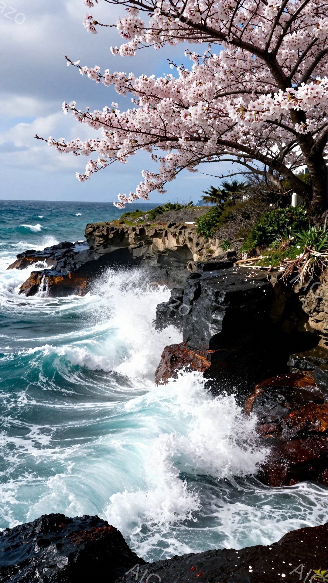 黒い岩場に打ち寄せる青い波が印象的な風景です。画面上部には、ピンク色の桜の花が咲き誇り、春の訪れを感じさせます。波しぶきと桜のコントラストが美しく、力強くも穏やかな雰囲気が漂っています。