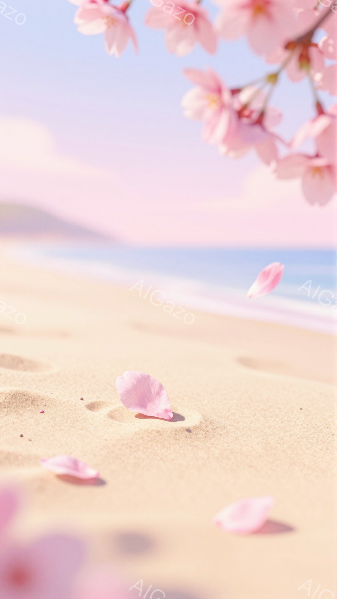砂浜に舞い散る桜の花びらが印象的な風景です。穏やかな波が打ち寄せ、遠くには霞んだ山々が見えます。全体的に柔らかいピンク色と水色のコントラストが春の暖かさと静けさを表現しています。 - AI生成フリー素材