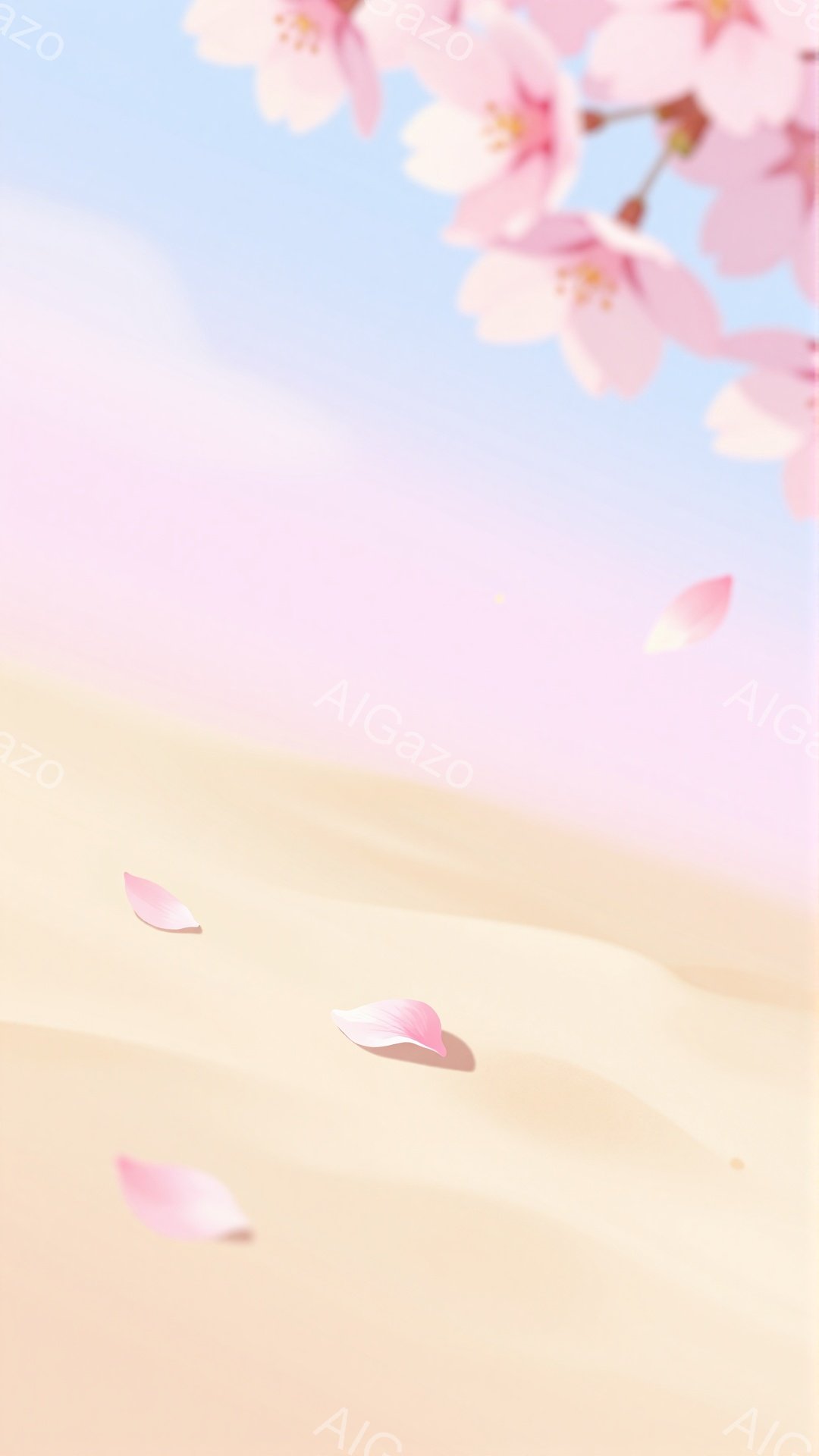 淡いピンク色の桜の花びらが舞い散る、穏やかな風景です。背景は薄いベージュとピンクのグラデーションで、柔らかい光が差し込んでいます。全体的に春の暖かさと、どこか幻想的な雰囲気が漂っています。 - AI生成フリー素材