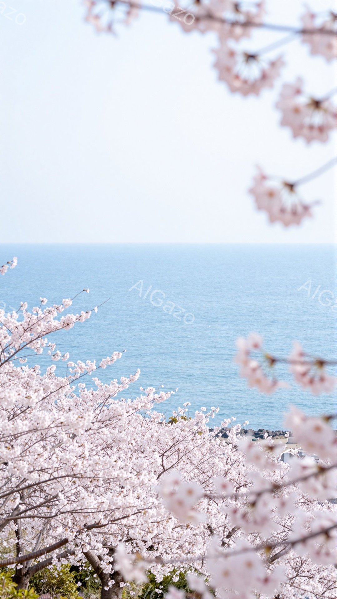 鮮やかなピンク色の桜の花びらが画面の大部分を占め、手前に咲き誇る様子が強調されている。遠景には穏やかな青い海と海岸線が見え、春の暖かい日差しと爽やかな風を感じさせる。全体的に、桜の美しさと海の広大さが調和した、穏やかで美しい風景が表現されている。