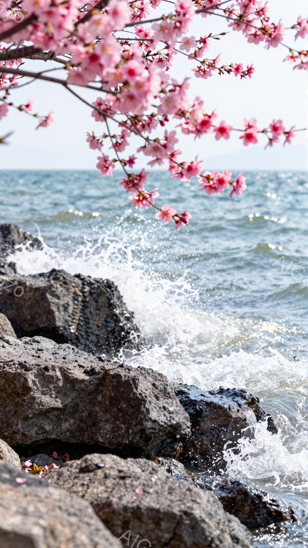海岸の岩場に打ち寄せる波が描かれており、前景には桜の花が咲き乱れている。岩肌は暗灰色で、波の白い飛沫とのコントラストが印象的だ。穏やかな春の陽光の下、桜と海の組み合わせが、静かで美しい雰囲気を醸し出している。