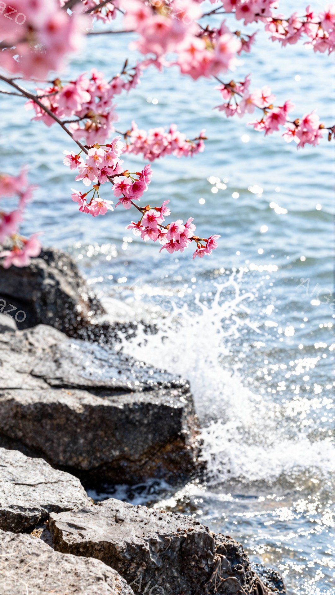 浅瀬の波打ち際に、桜の枝が咲き誇っている様子が捉えられている。波は白く泡立ち、岩肌と桜のコントラストが美しい春の情景を表現している。全体的に穏やかで、優雅な雰囲気が漂っている。