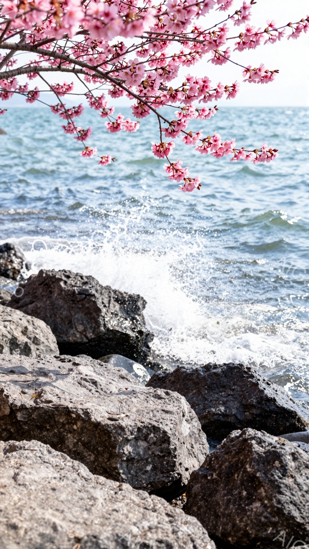 灰色の岩場が海岸線に並び、白い波が打ち寄せている様子が捉えられています。画面上部には、ピンク色の桜の花が咲き誇り、春の穏やかな海辺の風景を彩っています。桜の花と荒々しい岩肌、そして穏やかな波のコントラストが、自然の美しさを際立たせています。