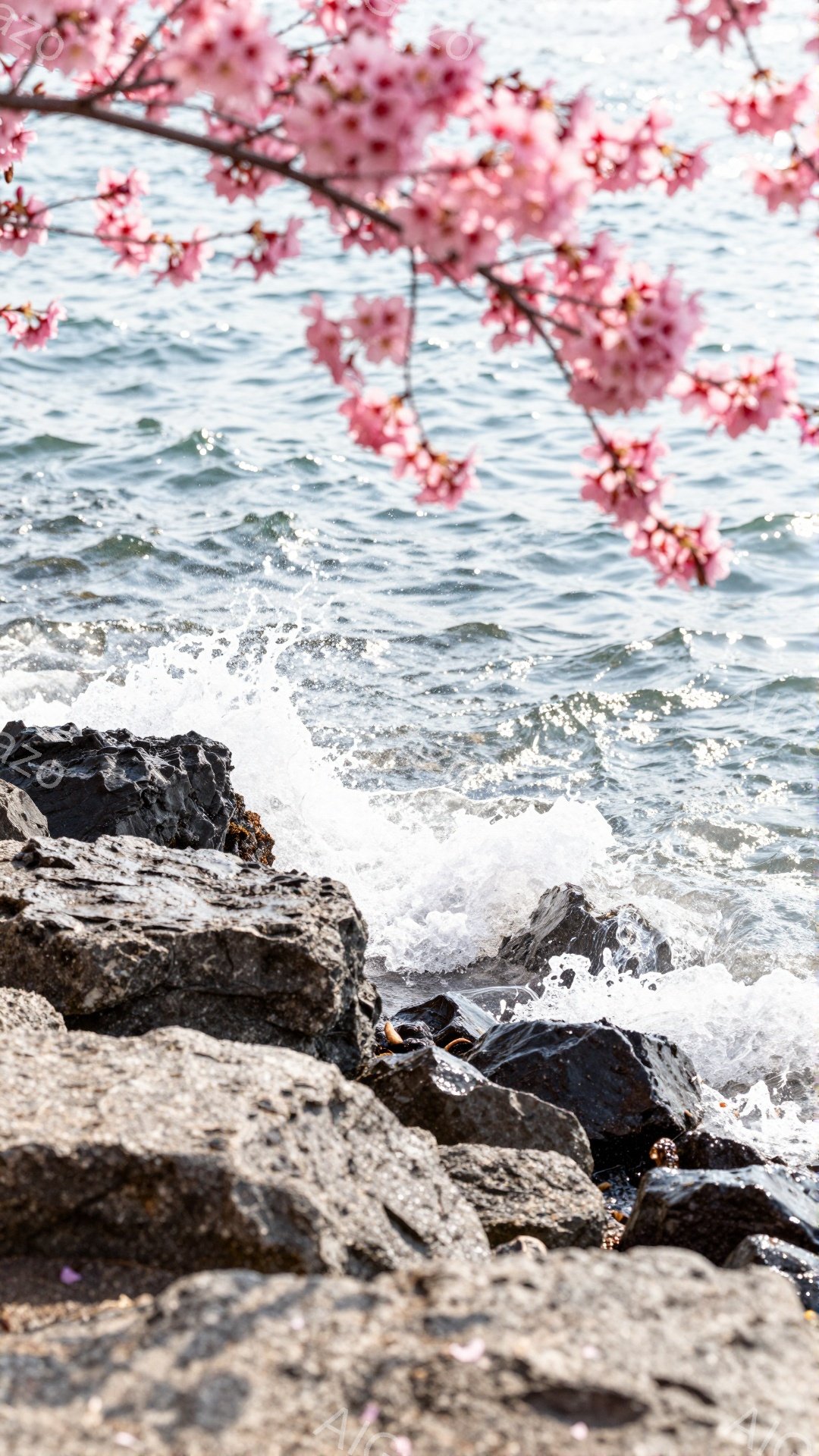 海岸の岩場を穏やかな波が打ち寄せ、その背景には水面が広がり、遠くで波紋が見える。画面上部には、桜の花びらが咲き乱れ、春の暖かな陽気を感じさせる。全体的に、桜と海のコントラストが美しく、穏やかで詩的な雰囲気を醸し出している。
