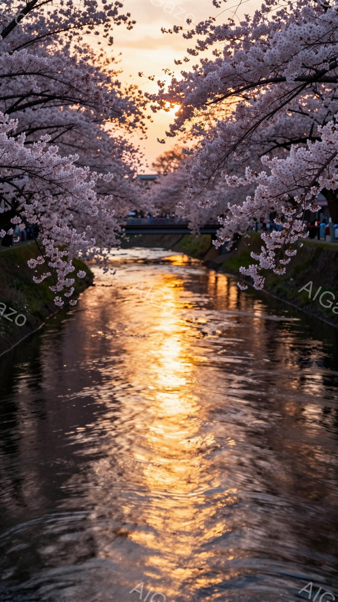 桜並木が続く川の水面に夕焼けが反射し、黄金色に輝いている。桜の花びらが舞い散り、水面に薄く広がって幻想的な雰囲気を醸し出している。背景にはぼんやりと建物が見え、穏やかで美しい春の夕暮れを感じさせる。 - AI生成フリー素材