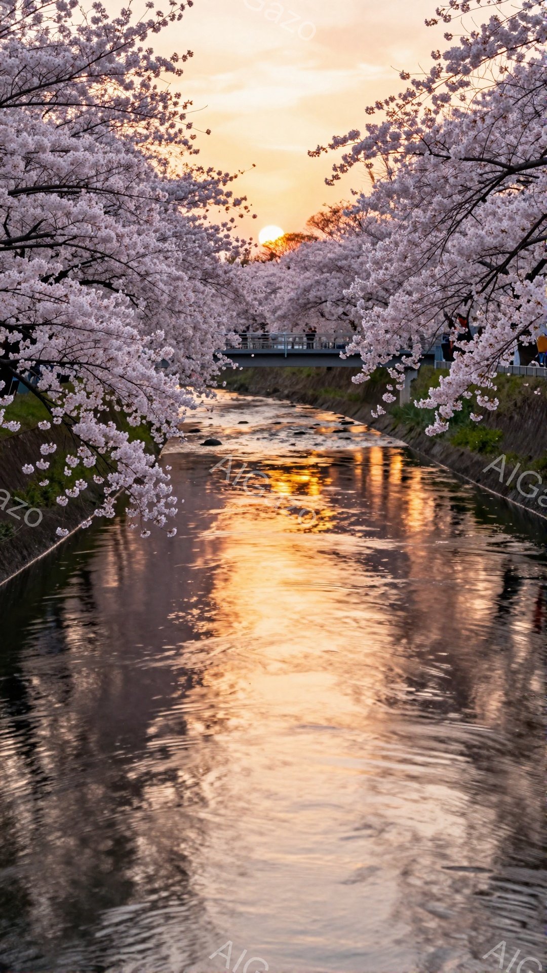 夕暮れ時の河川が、満開の桜並木に囲まれて穏やかに流れている。水面には桜と空の色が映り込み、幻想的な光景を作り出している。遠くには橋が見え、春の暖かな夕暮れを感じさせる、美しい風景である。