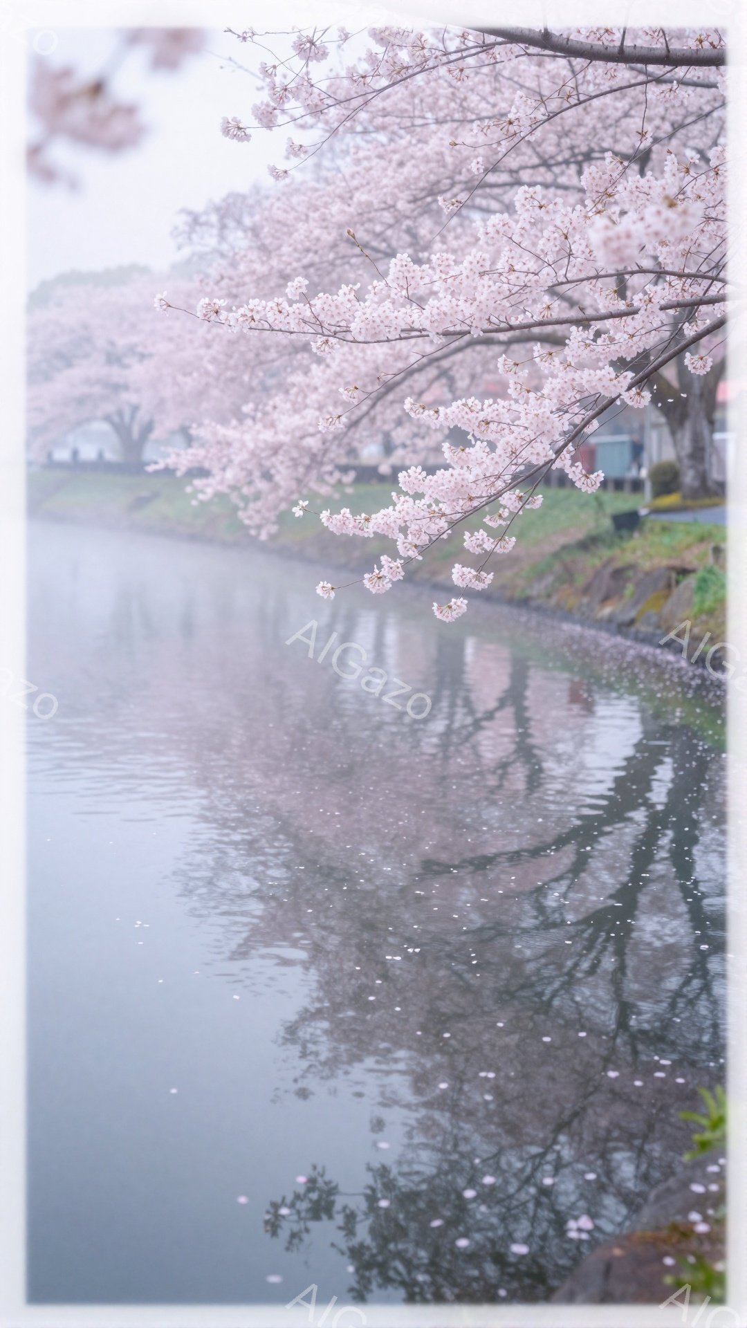 淡いピンク色の桜の花びらが、穏やかな水面に舞い散っている美しい風景だ。水面に映る桜並木と、空に広がる桜の景色が、春の儚さと優雅さを表現している。全体的に柔らかい光が差し込み、静かで幻想的な雰囲気を醸し出している。