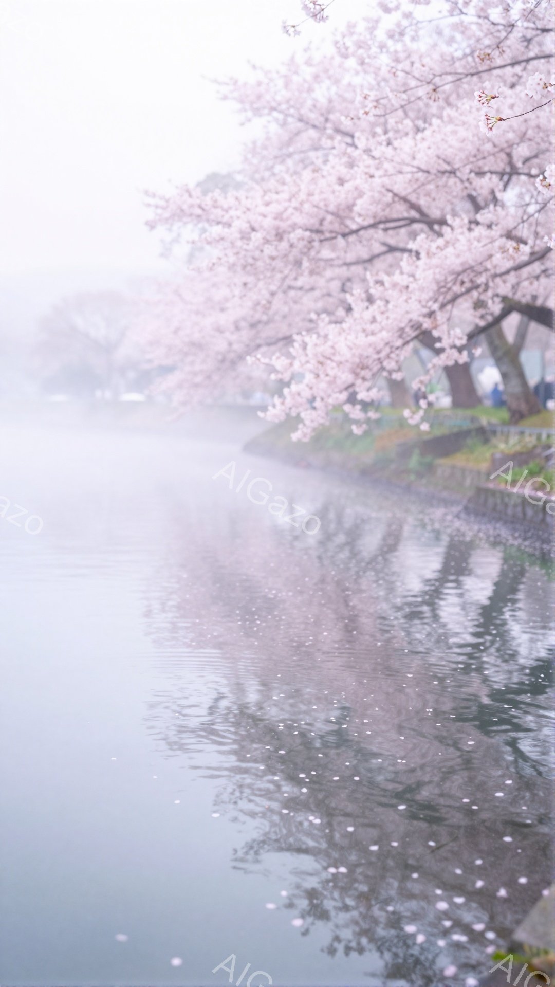 淡いピンク色の桜の花びらが、穏やかな水面に舞い散り、水面には桜並木がぼんやりと映り込んでいる。遠景は霧に包まれ、春の穏やかさと少しの寂しさを感じさせる風景だ。全体的に淡い色彩で、幻想的で詩的な雰囲気を醸し出している。