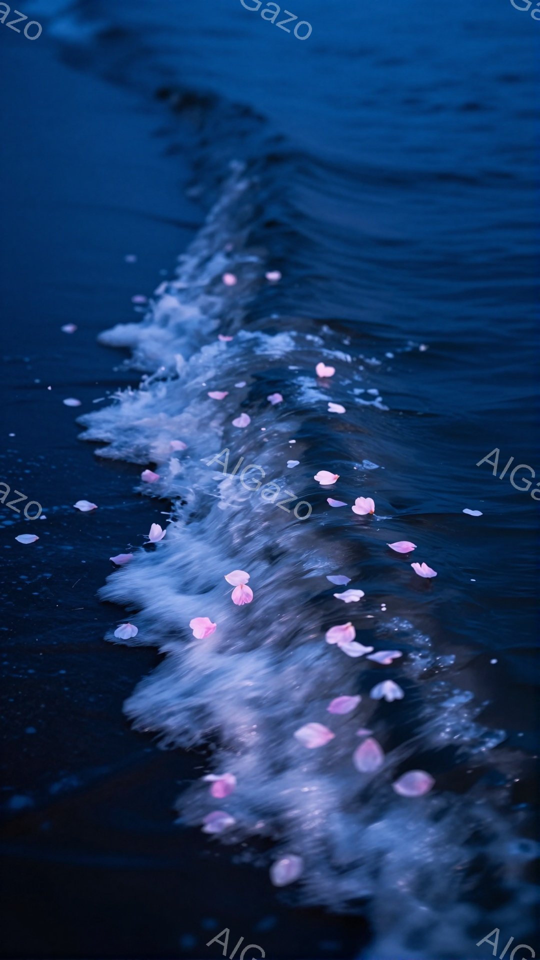 暗い水面に桜の花びらが舞い散り、幻想的な光景を作り出している。波の動きが速く、花びらは水面を流れ、まるで夢の中にいるような感覚を覚える。全体的に青とピンクのコントラストが美しく、静寂と儚さが漂う。