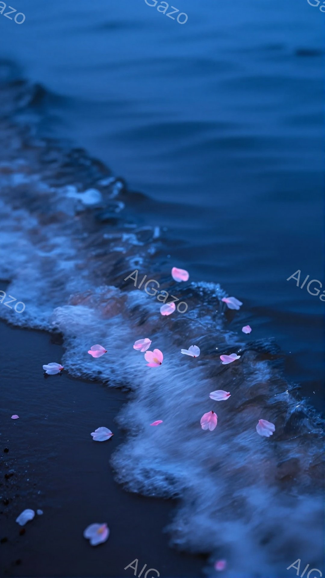 紺碧の海が岸辺に打ち寄せ、白く泡立つ波が美しいコントラストを描いている。散りゆく桜の花びらが波に乗り、幻想的な雰囲気を醸し出している。暗い砂浜と夜空を思わせる深い青色は、儚さと静寂を感じさせる。