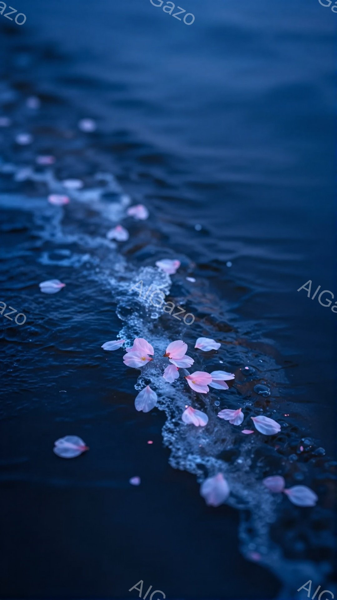 暗い水面に桜の花びらが散り、水しぶきと共に流れ出ている様子が捉えられています。水面は深い青色で、花びらの淡いピンク色とのコントラストが印象的です。全体的に静かで物憂げな雰囲気が漂い、春の儚さを感じさせます。