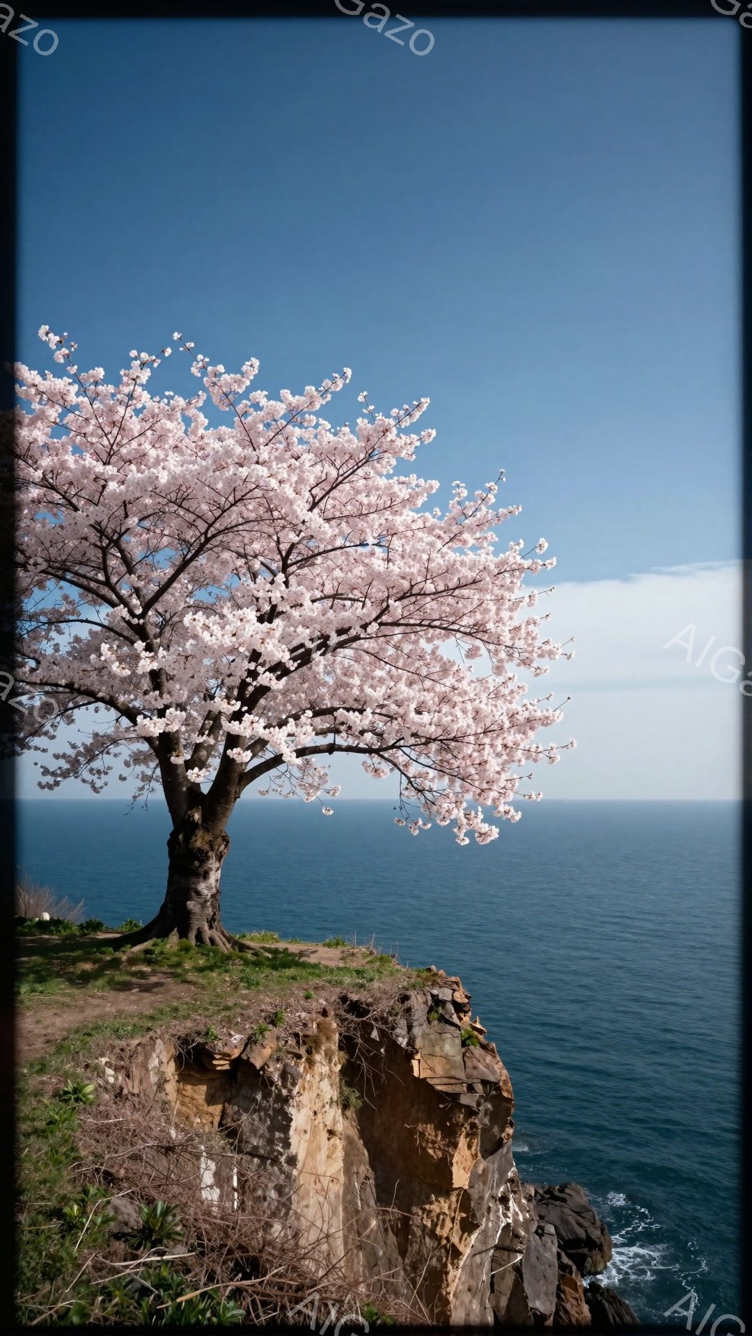 海を見下ろす崖の上に、満開の桜の木がそびえ立っている。崖は岩肌がむき出しで、緑の草が生えている。青い空と青い海が広がり、春の穏やかな雰囲気を醸し出している。