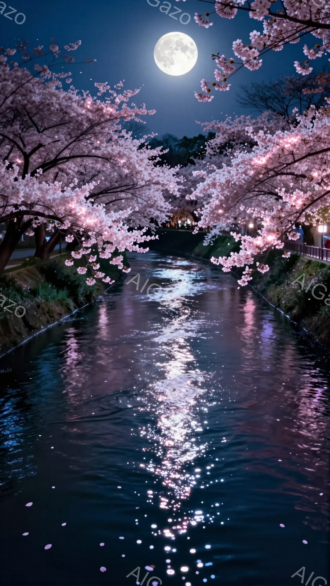 夜空には満月が輝き、桜並木が水面に映り込んで幻想的な光景を作り出している。桜の花びらが水面に散らばり、穏やかな水面と相まって、春の夜の静けさと美しさを表現している。街灯や建物の明かりがぼんやりと見え、夜の落ち着いた雰囲気を引き立てている。