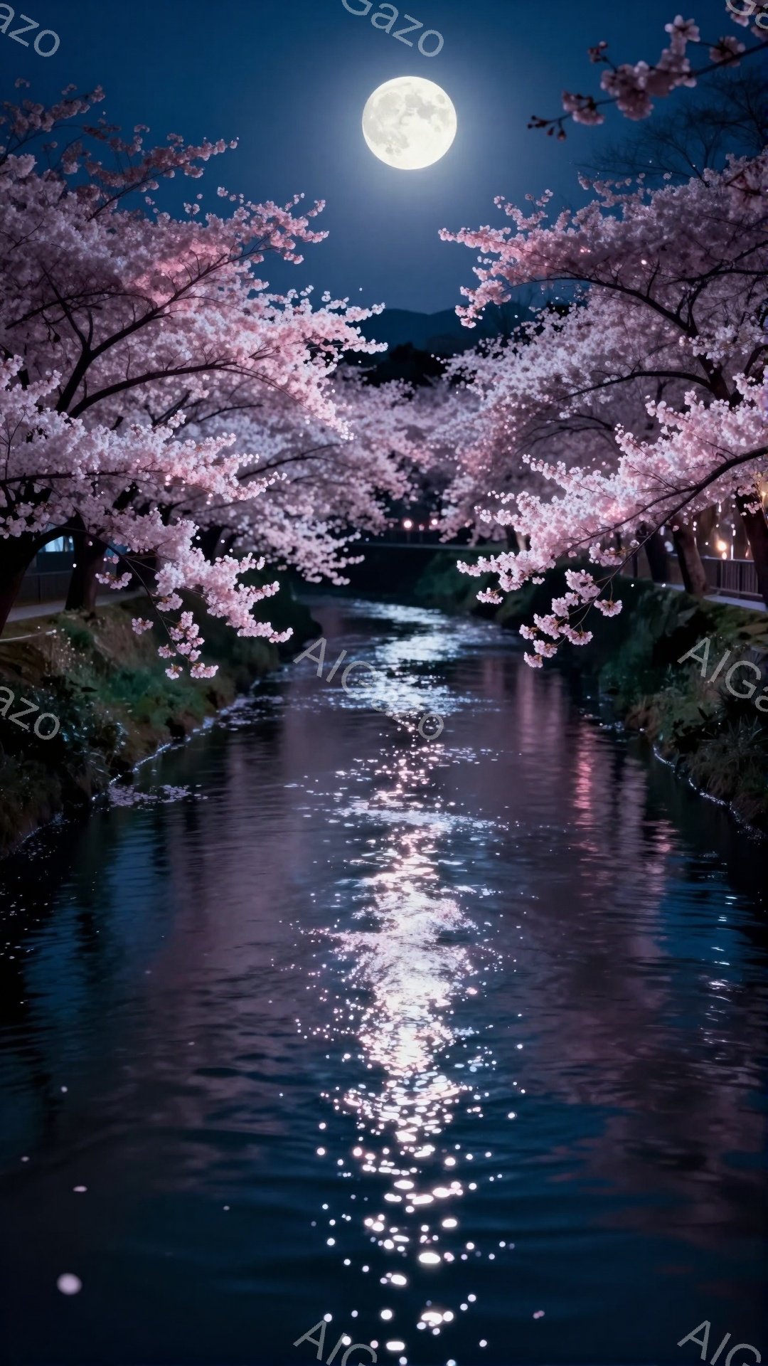 夜空には満月が輝き、桜並木が続く川面を照らしています。水面には月光と桜の花びらが反射し、幻想的な光の道を作り出しています。静寂な夜、桜と月光が織りなす美しい情景は、平和で穏やかな雰囲気を醸し出しています。