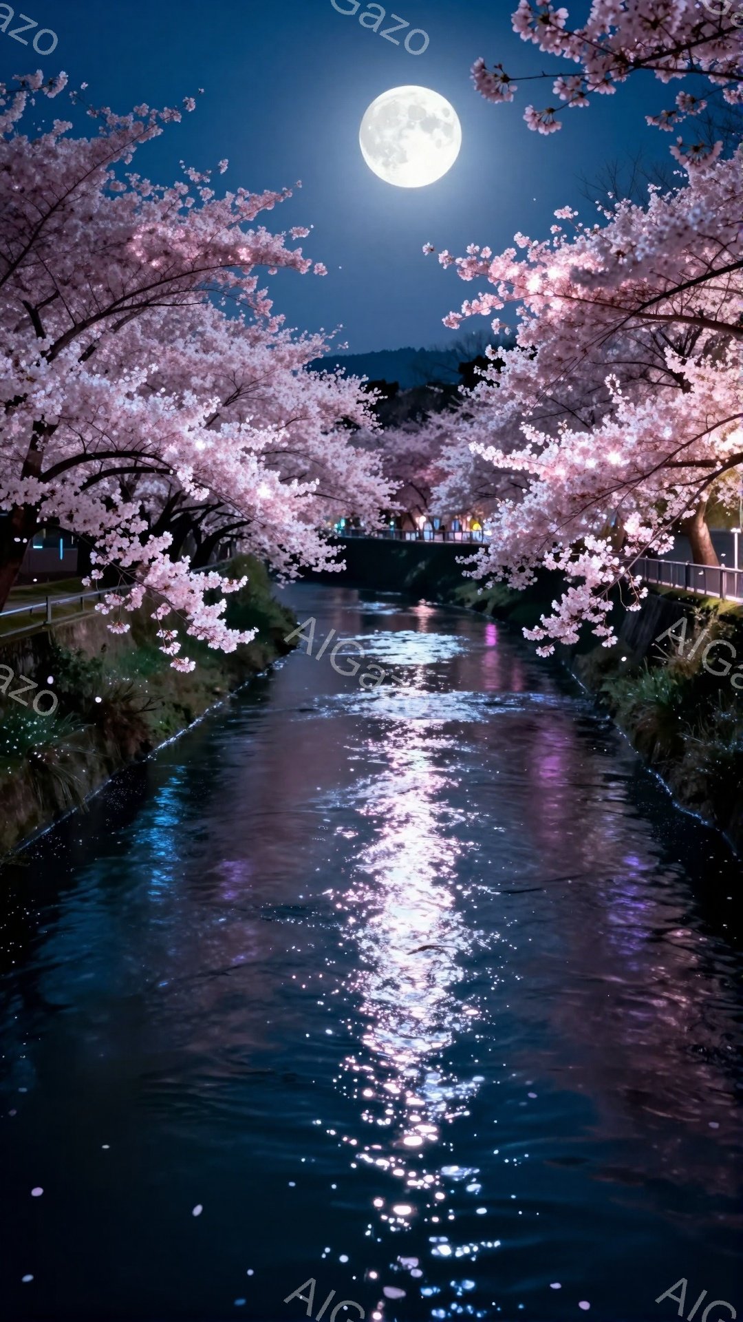 夜空には満月が輝き、川面を照らしている。両岸は桜並木で覆われ、花びらが水面に散らばり幻想的な雰囲気を醸し出している。桜の淡いピンク色と夜空の濃い青色が対照的で、静かで美しい夜の風景が広がっている。