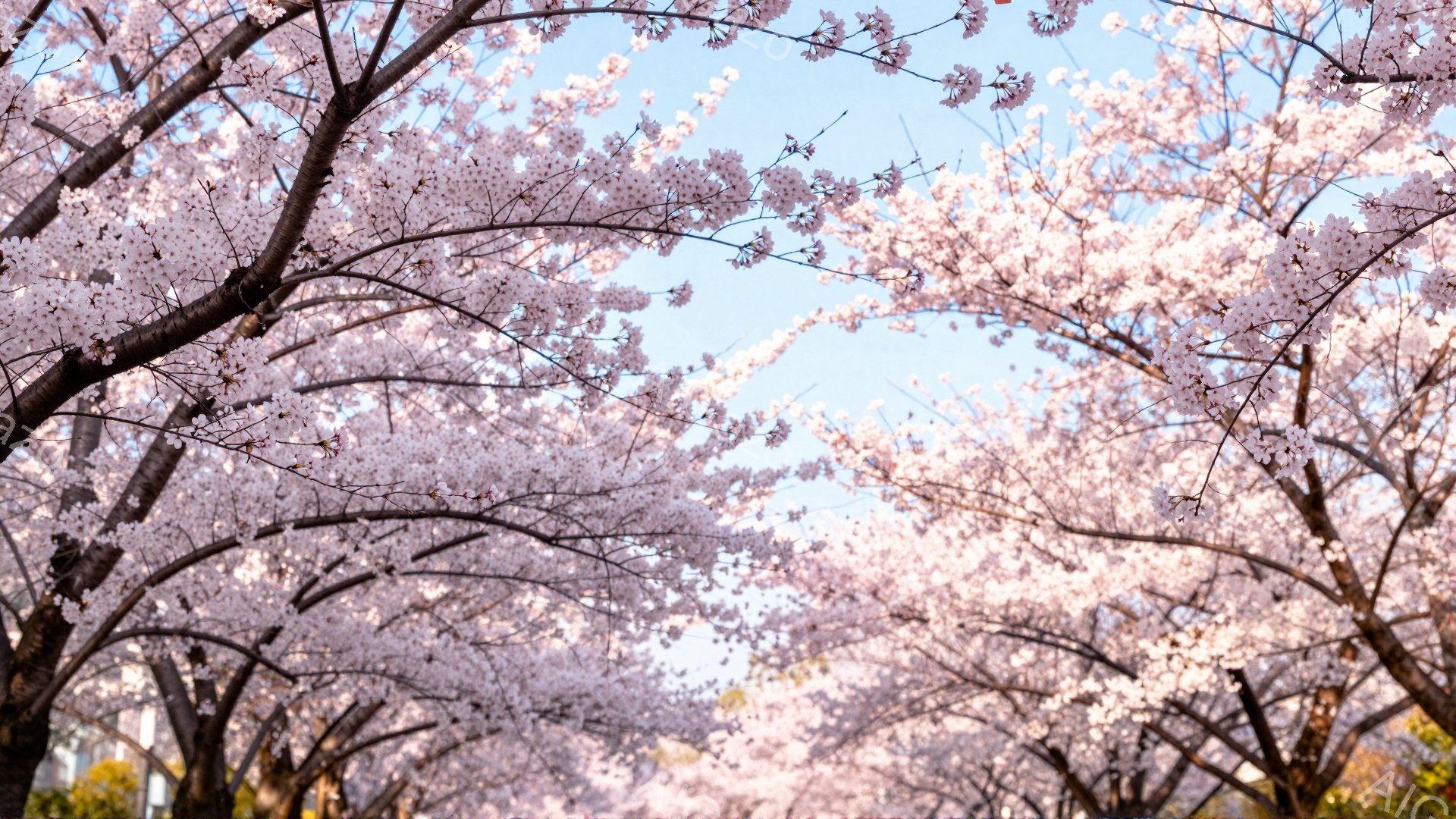 桜並木が続く道を行く人々の姿が捉えられています。満開の桜の花びらが頭上に広がり、春の暖かな日差しが降り注いでいます。背景には建物が見え、桜並木と都市の風景が調和した、穏やかで美しい雰囲気が漂っています - AI生成フリー素材