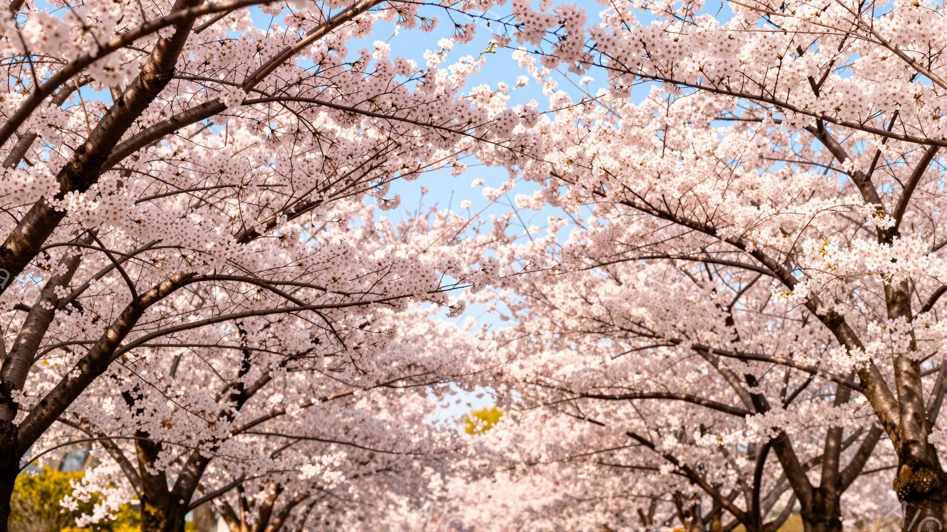 桜並木が空を覆うように咲き誇り、ピンク色のトンネルが形成されている。枝は密集し、春の暖かな日差しが花びらを照らし、背景には青空が垣間見える。全体的に、柔らかく、穏やかで、希望に満ちた春の雰囲気が漂っている。