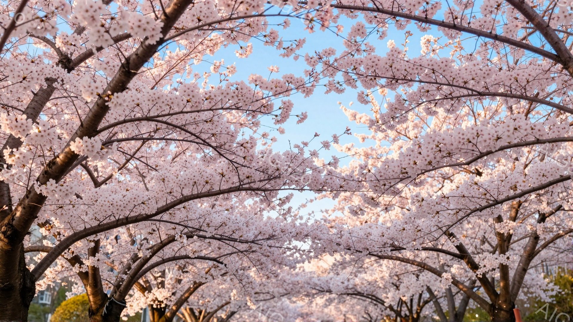 桜並木が続く道を行き交う人々が見える風景です。満開の桜の花びらが空を覆い、薄明りの空とピンク色のコントラストが美しいです。背景には建物が見え、穏やかで春らしい雰囲気が漂っています。 - AI生成フリー素材