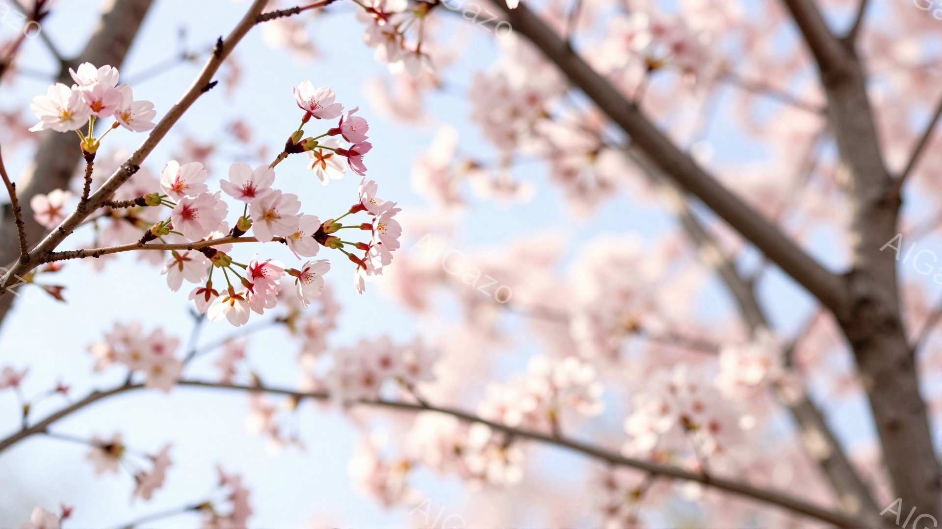 桜の枝が青空を背景に広がり、淡いピンク色の花が咲き誇っている。枝は画面全体に配置され、春の暖かく優しい雰囲気を醸し出している。背景はぼやけており、花そのものの美しさが際立っている。 - AI生成フリー素材