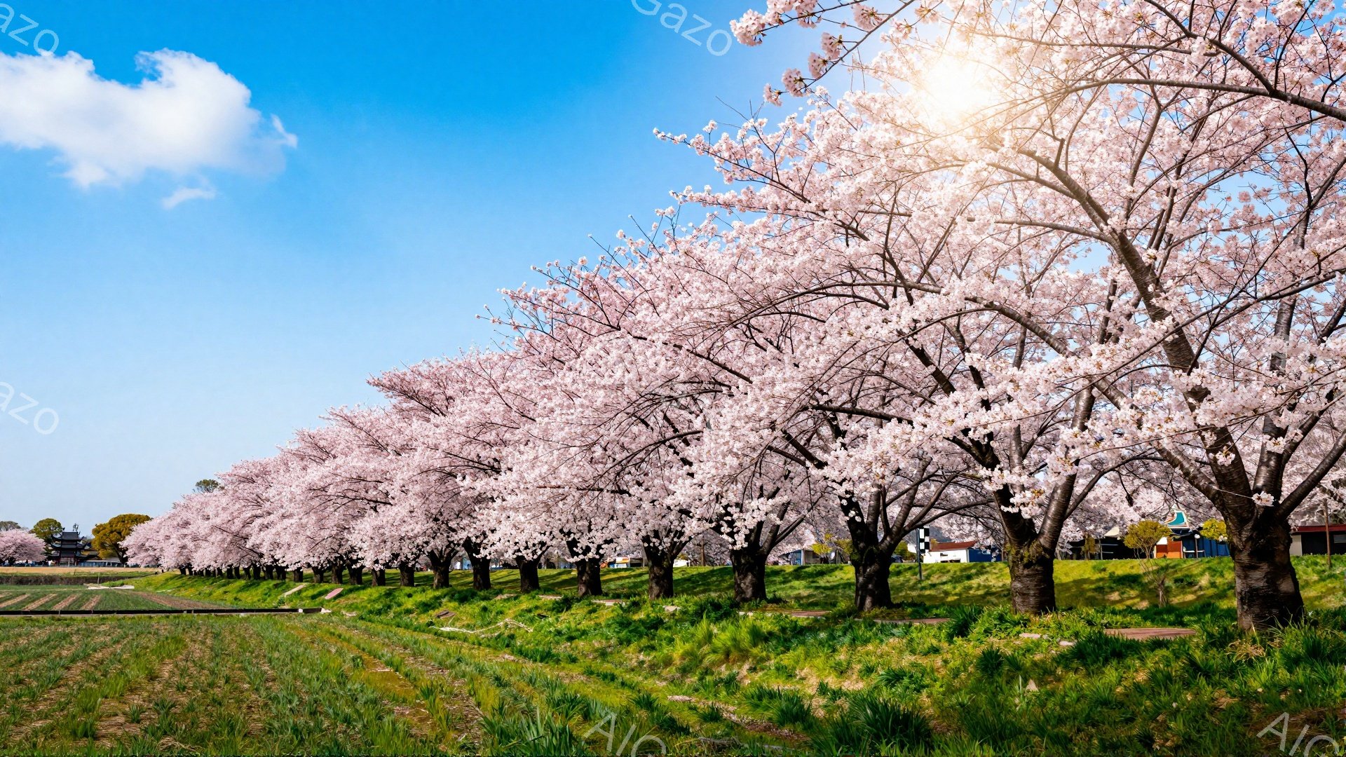 満開の桜並木が、緑色の草地の上を長く続く風景が描かれています。太陽の光が桜の花びらを照らし、春の暖かさと穏やかな雰囲気を醸し出しています。背景には、わずかに建物が見え、自然と人工物が調和した美しい景色です。