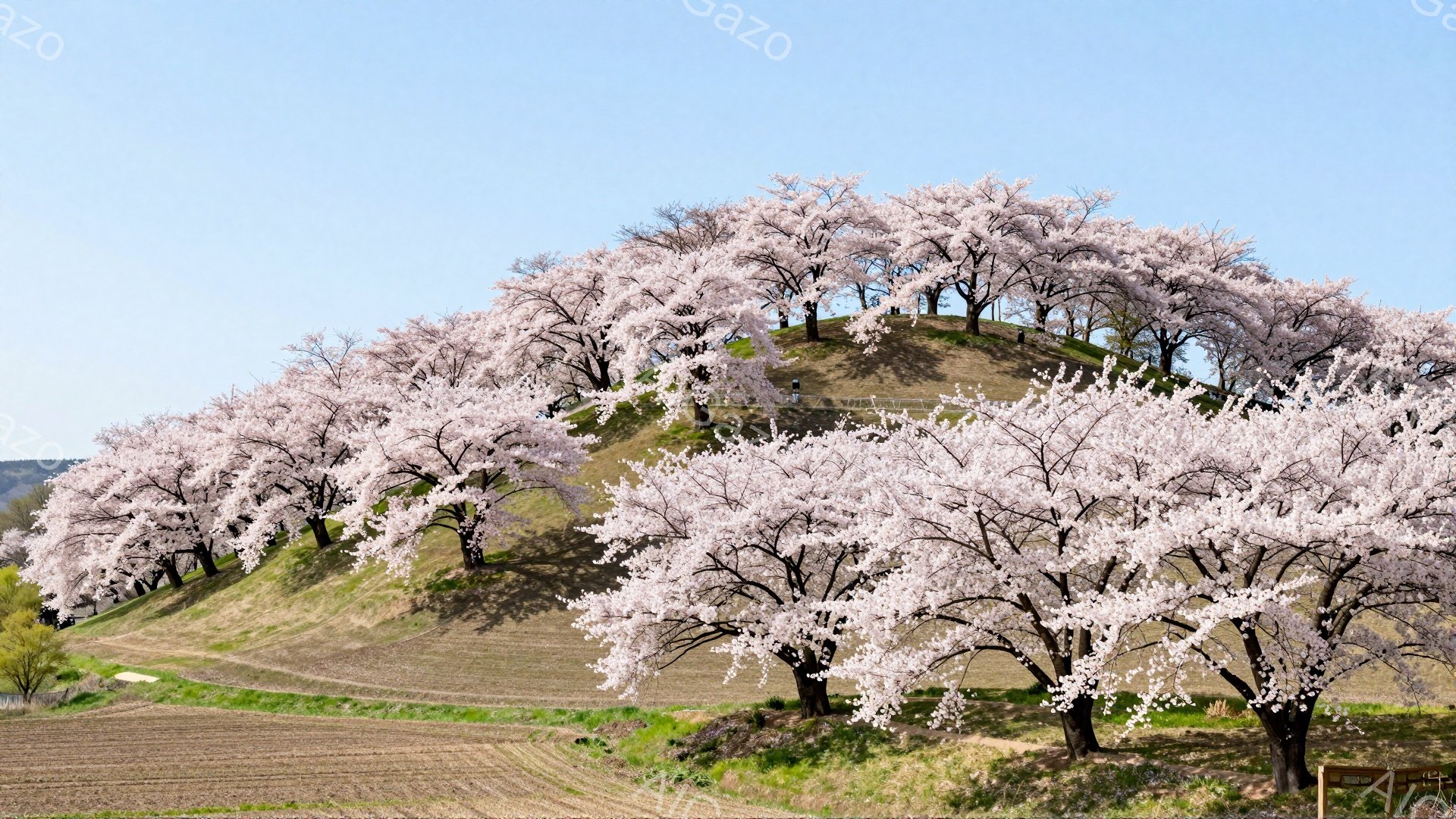 丘一面に桜並木が咲き誇り、ピンク色のトンネルが形成されています。下には耕された田んぼが広がり、春の暖かな日差しと合わせて穏やかな田園風景が広がっています。空は晴れ渡り、桜並木と田んぼのコントラストが美しい、平和な光景です。