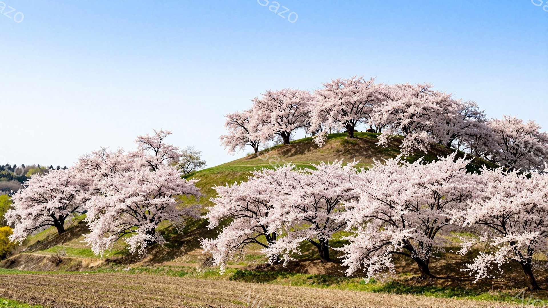 画像には、丘の上に咲き誇る桜並木が写っている。淡いピンク色の花が満開で、春の訪れを感じさせる暖かく穏やかな雰囲気である。丘の周囲には草地が広がり、背景には緑豊かな木々が見える。 - AI生成フリー素材