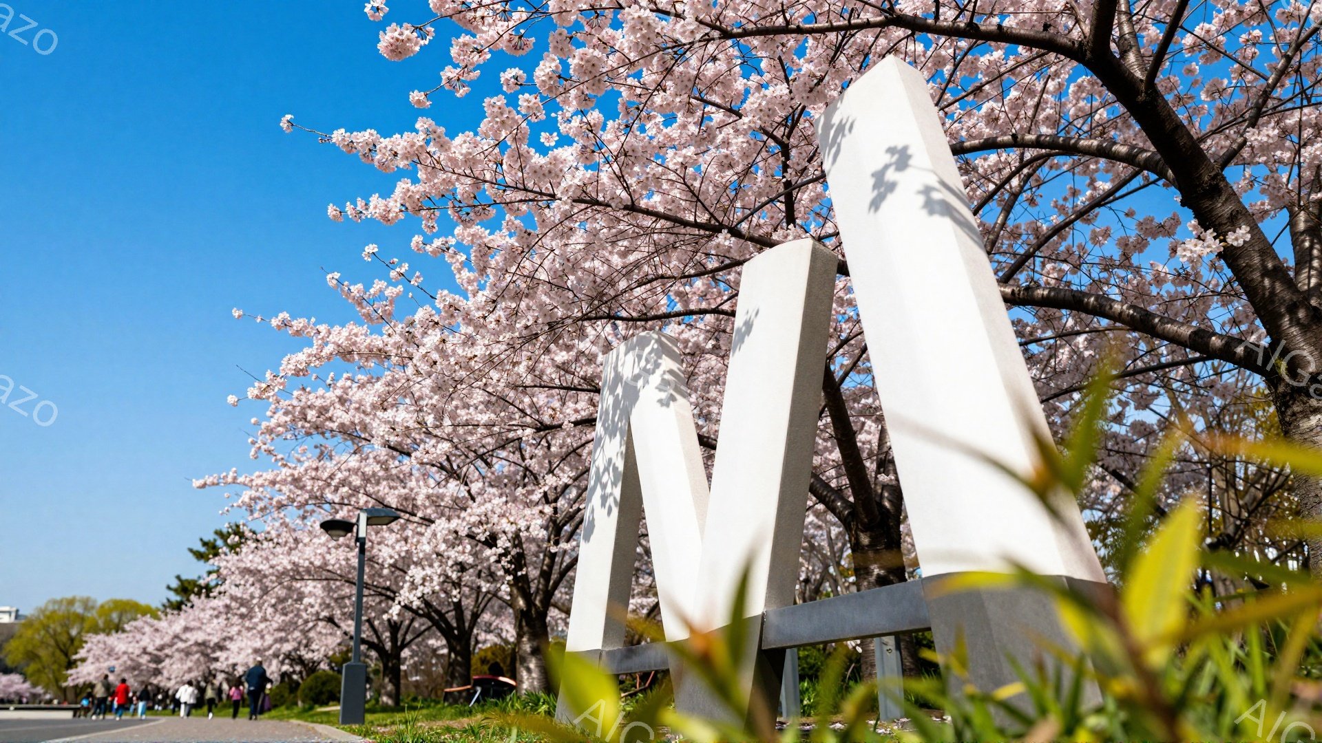 桜並木とモニュメントが印象的な風景です。ピンク色の桜の花が満開で、空は晴れ渡っています。モニュメントは白く、幾何学的な形状をしており、前景の緑と桜並木とのコントラストが美しいです。