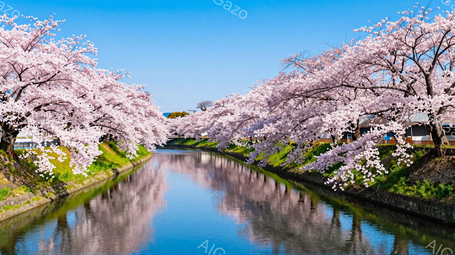 運河の両側に桜並木が咲き誇り、水面にその美しい姿が映り込んでいます。青空の下、桜の淡いピンク色が鮮やかで、春の穏やかな雰囲気を醸し出しています。運河の脇には緑の芝生が広がり、遠くには建物が見え、静かで - AI生成フリー素材