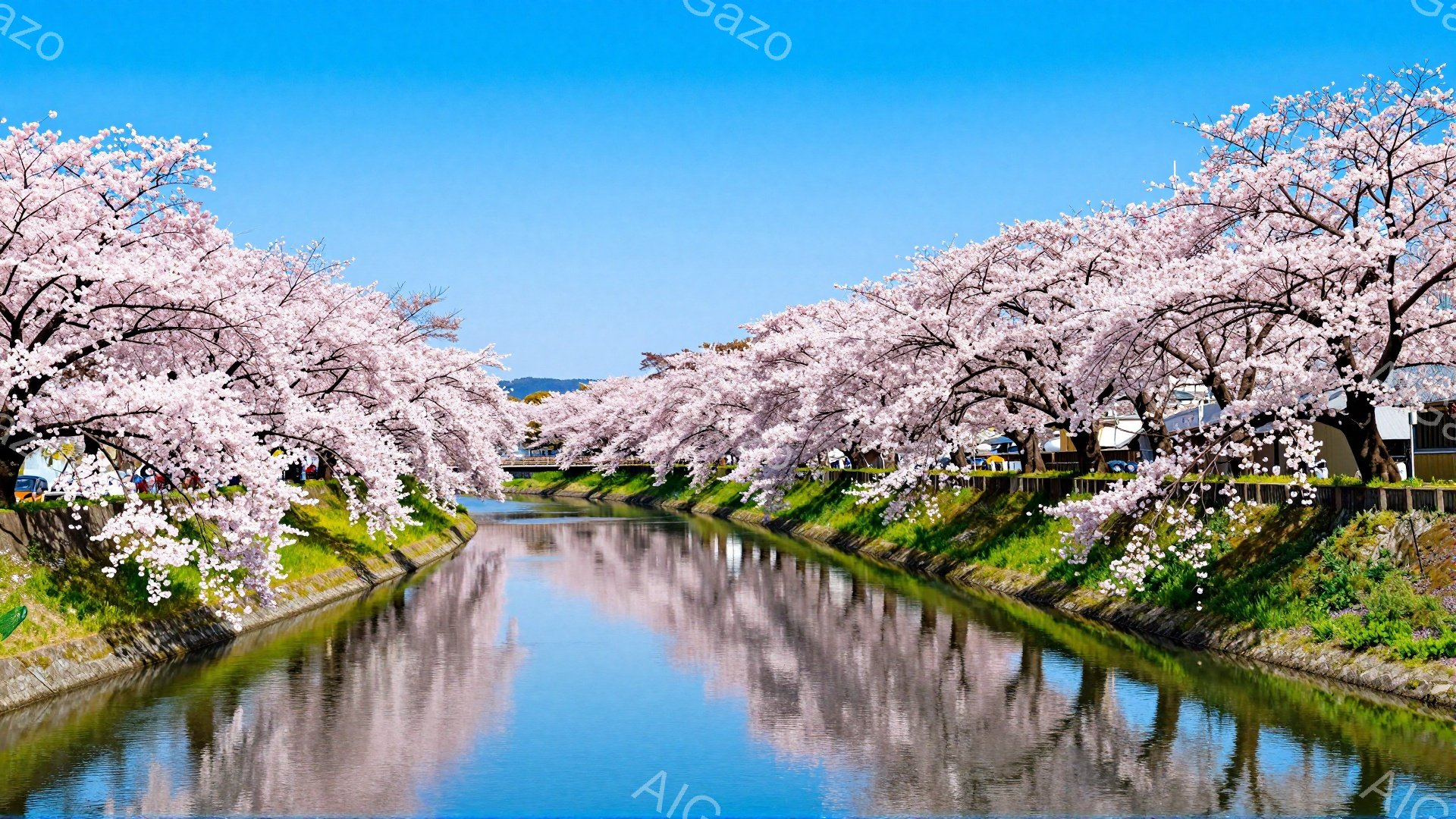 川沿いに桜並木が続き、水面にピンク色の花びらが映り込んで美しい景色が広がっています。土手には緑の草が生え、遠くには屋根が見える建物が並び、晴天の下、穏やかな春の雰囲気が漂っています。人々は桜並木を散策し、春の訪れを楽しんでいる様子が想像できます。