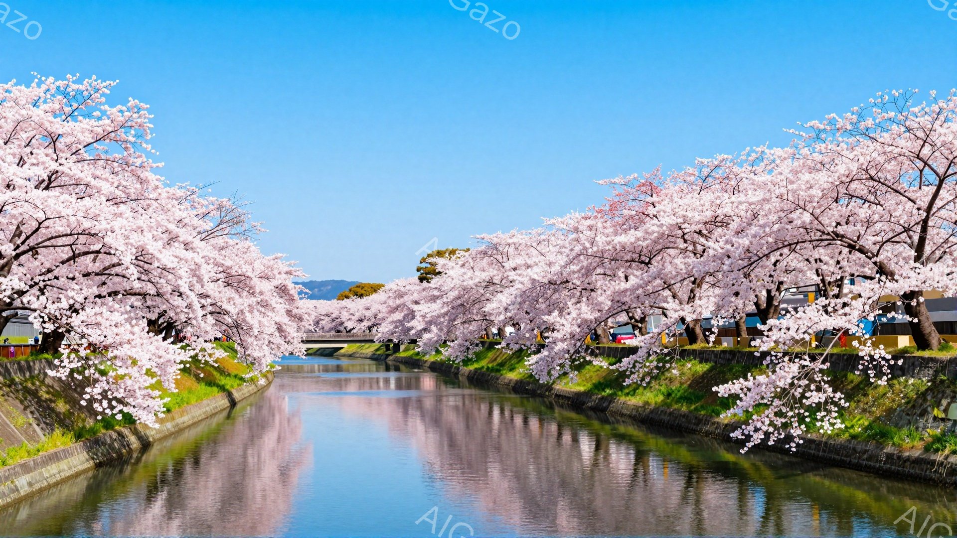 川沿いに桜並木が続き、満開の桜が水面に美しく映り込んでいる。青空の下、桜の淡いピンク色が鮮やかで、穏やかな春の陽気が感じられる。川の脇には草が生い茂り、遠くには建物や山々が見える、平和で美しい風景であ - AI生成フリー素材