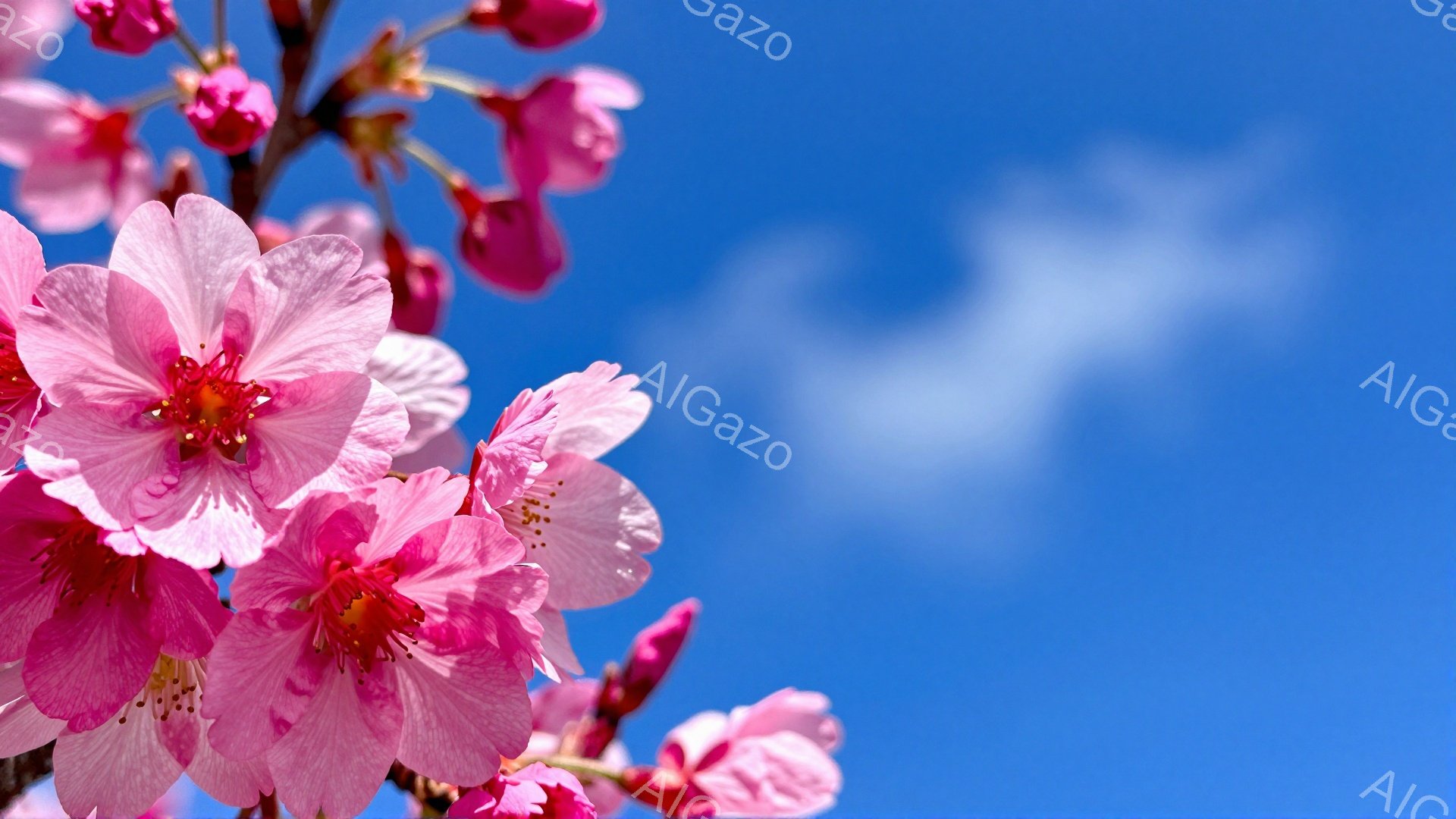 鮮やかなピンク色の桜の花が、青い空を背景に咲き誇っています。花びらは幾重にも重なり、中央の黄色の雄しべがアクセントになっています。全体的に春の暖かさと生命力に満ちた、穏やかで美しい雰囲気が漂っています - AI生成フリー素材