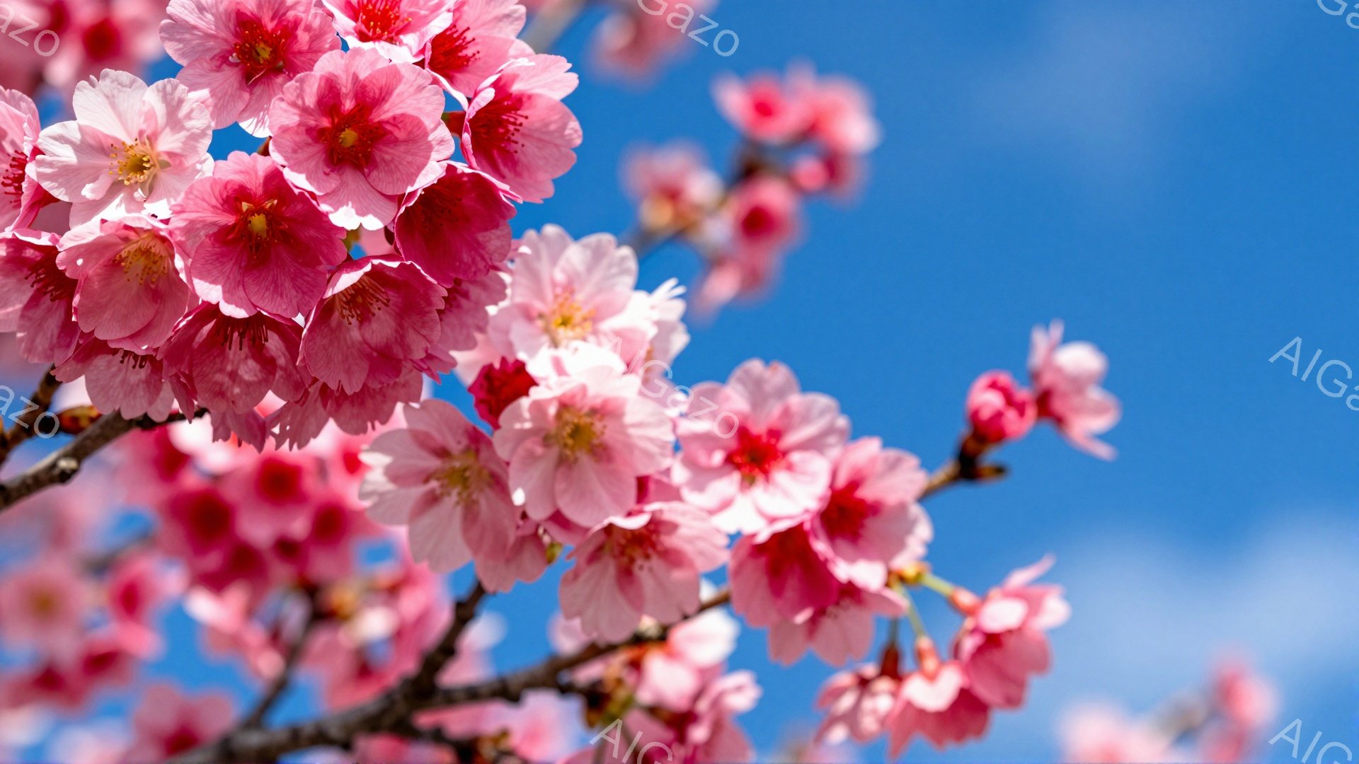 鮮やかな青空を背景に、桜の花が満開で咲き誇っています。ピンク色の花びらは柔らかく、春の暖かさを感じさせます。空には白い雲が浮かび、穏やかな春の日の風景を表現しています。 - AI生成フリー素材