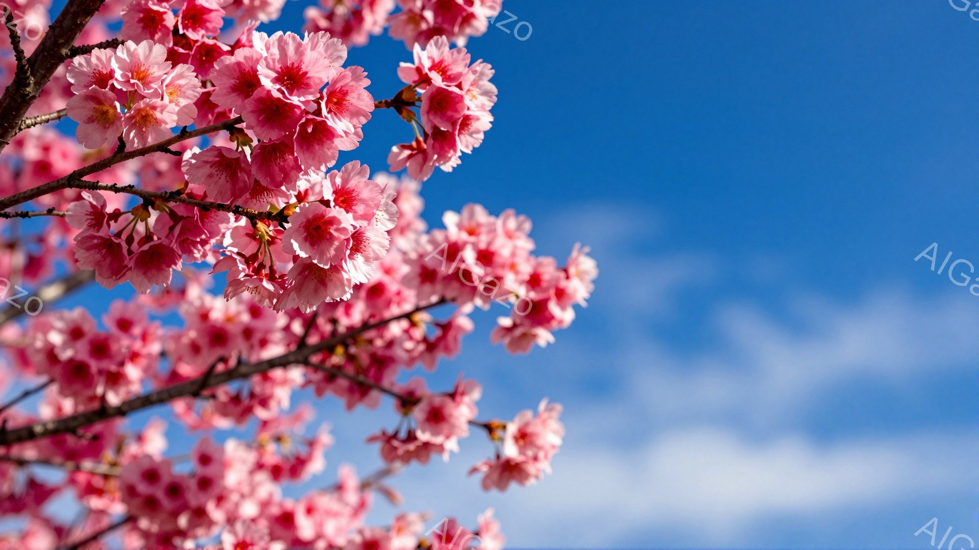 鮮やかなピンク色の桜の花が、青空を背景に咲き誇っている。枝は右側に傾き、花びらが密集して咲き乱れ、春の訪れを感じさせる美しい光景だ。空には白い雲が浮かび、穏やかで希望に満ちた雰囲気を醸し出している。 - AI生成フリー素材