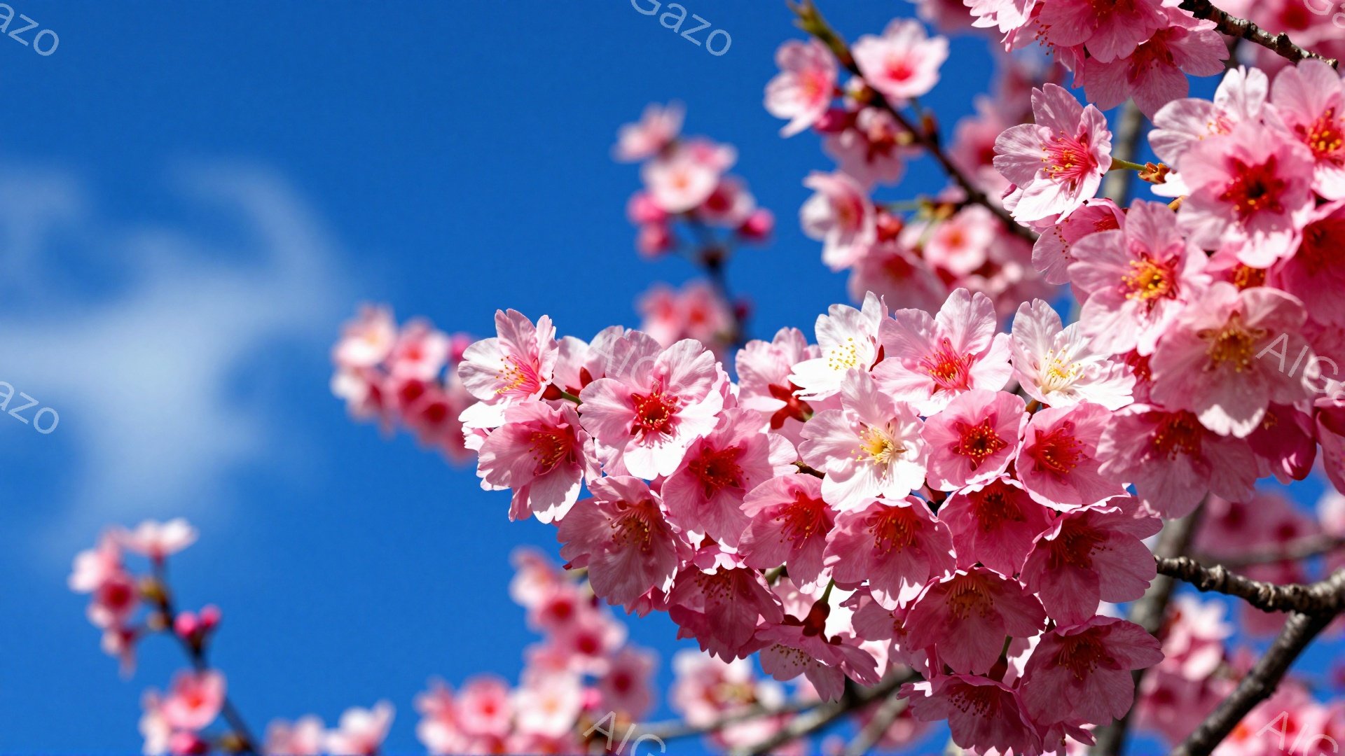 鮮やかなピンク色の桜の花が咲き乱れ、枝いっぱいに広がっています。背景には澄み切った青空と白い雲が広がり、春の暖かさと生命力を感じさせます。花びらは繊細で、光に透けて美しく、穏やかで希望に満ちた雰囲気を - AI生成フリー素材