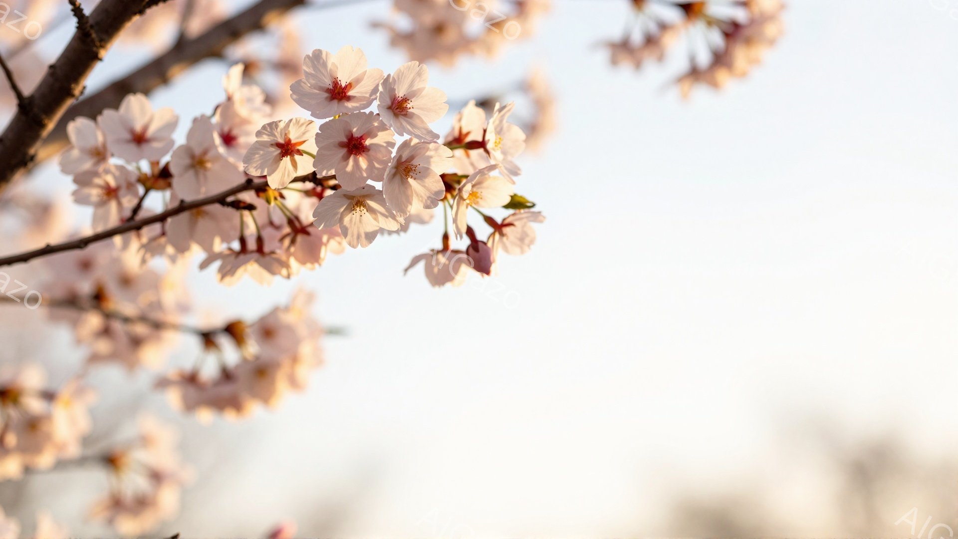 桜の枝が画面いっぱいに広がっており、淡いピンク色の花びらが咲き誇っている。背景は柔らかい光に包まれた白くぼやけた空で、春の穏やかで幻想的な雰囲気を醸し出している。全体的に、新芽と桜の組み合わせが、生命の息吹を感じさせる美しい構図となっている。