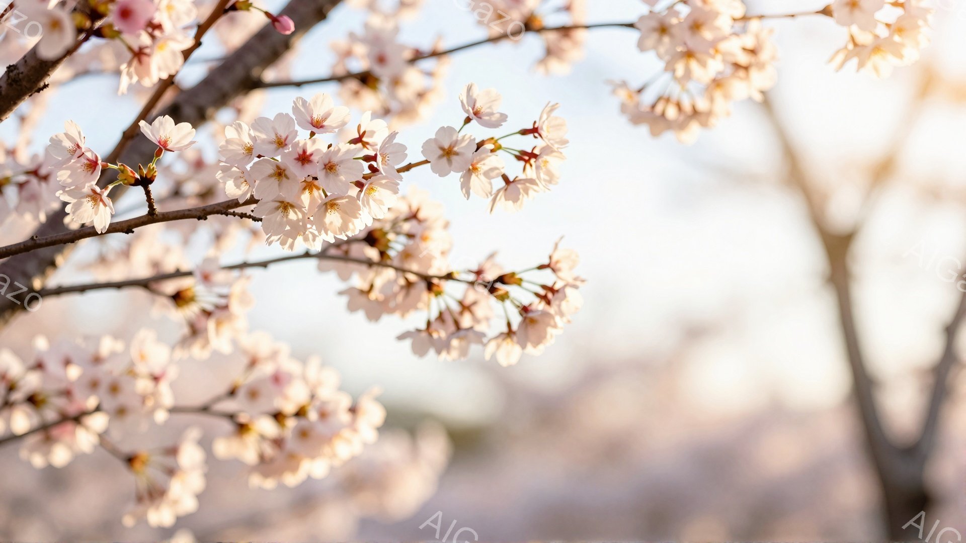 桜の枝が画面いっぱいに広がり、淡いピンク色の花びらが春の訪れを告げている。背景はぼやけており、桜並木が続いている様子がうかがえる、柔らかく穏やかな光が全体を包み込み、春の暖かさを感じさせる。桜の美しさ - AI生成フリー素材