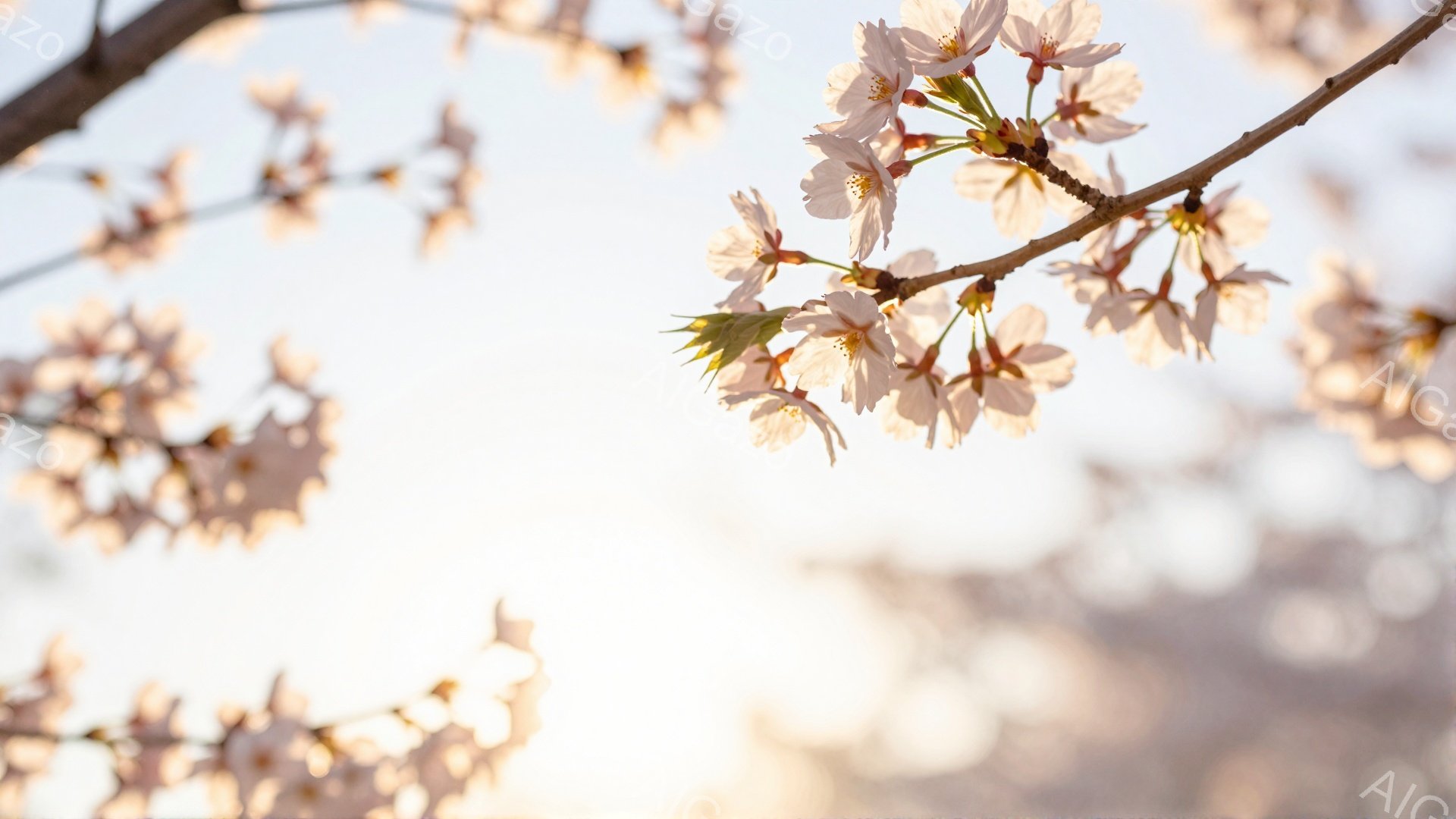 桜の花が咲き誇る春の風景が描かれている。柔らかいピンク色の花びらが、白い空を背景にふんわりと広がり、春の暖かさと優しさを感じさせる。光が柔らかく差し込み、全体的に淡く優しい雰囲気を作り出している。 - AI生成フリー素材